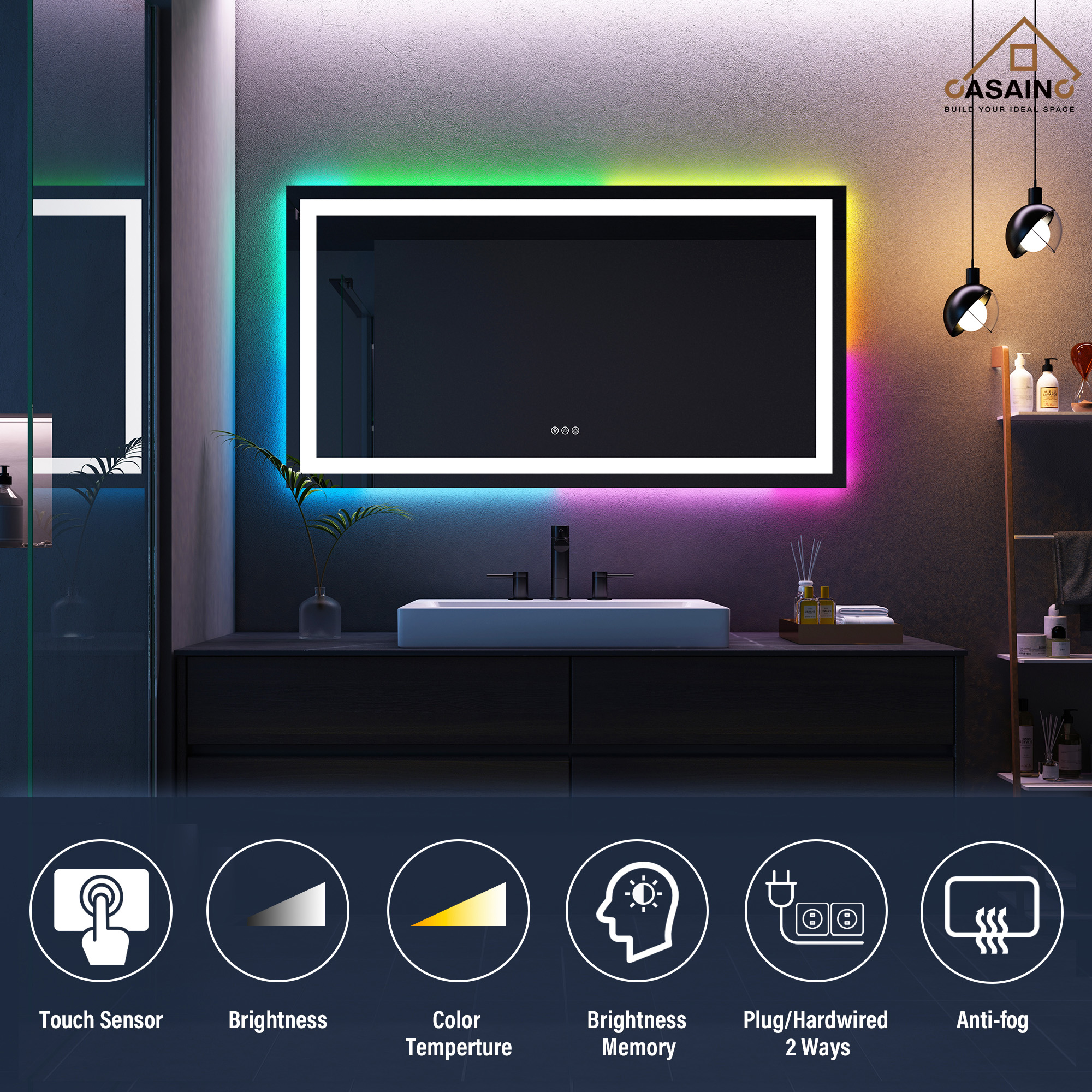 Tempered RGB LED Bathroom Mirror with Smart Controls & Anti-Fog