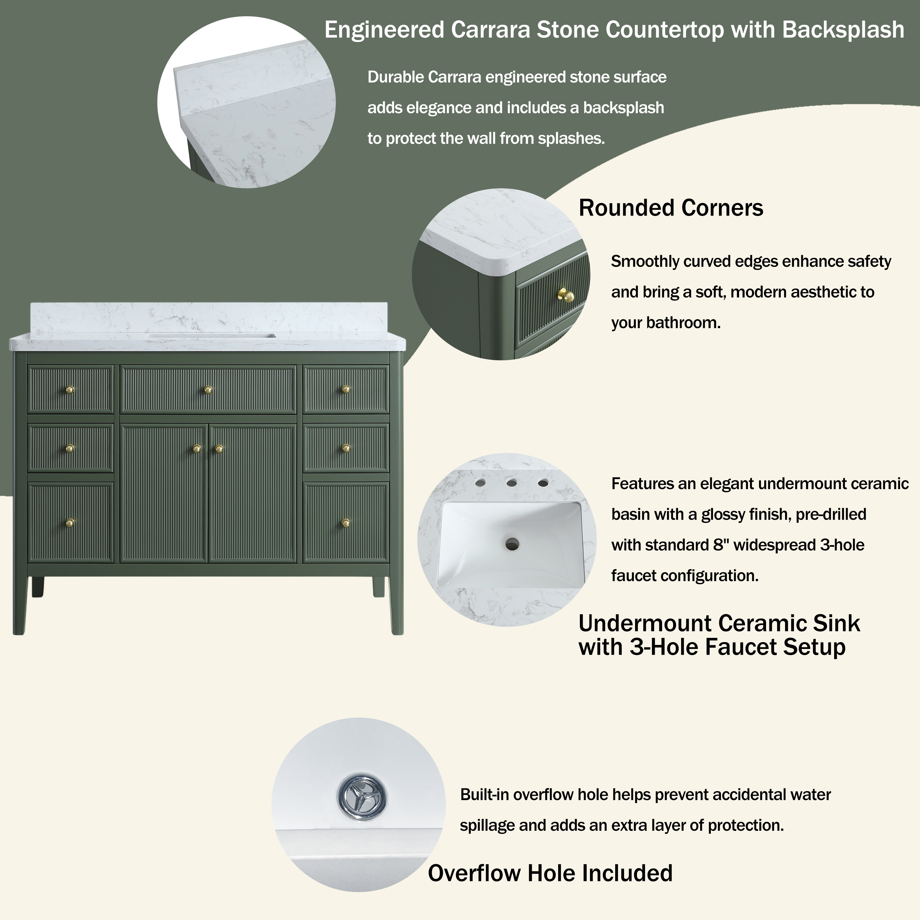 30"/36"/48" Freestanding Single Sink Bathroom Vanity with Solid Wood Construction & Marble Top