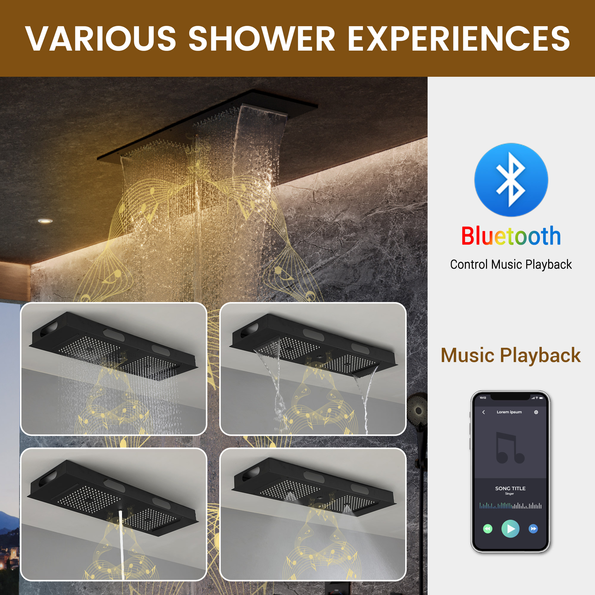 35*12 inch 6-Function Luxury Shower System with Body Jets & Bluetooth