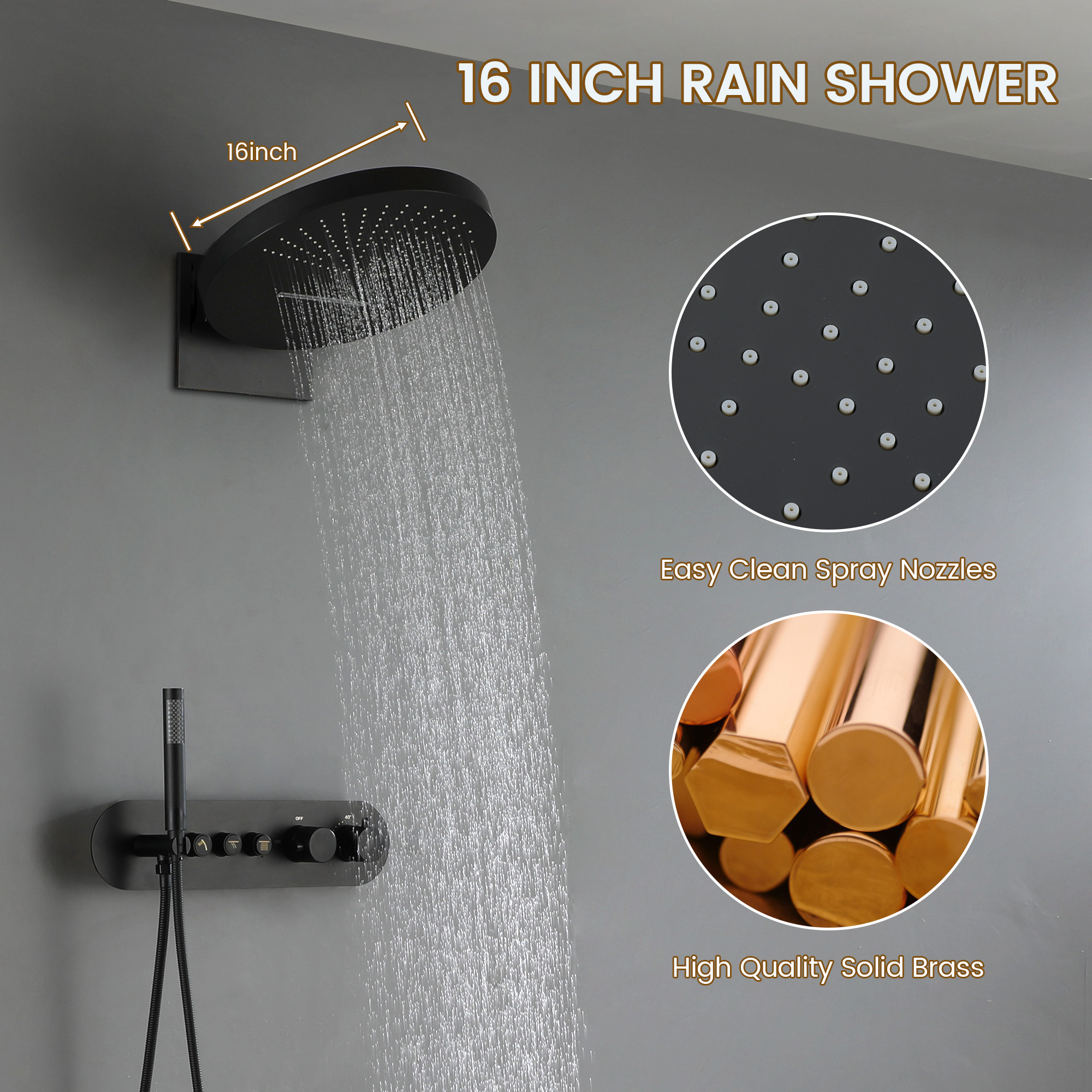 16-inch Wall-Mounted Thermostatic Shower System with Hand Shower