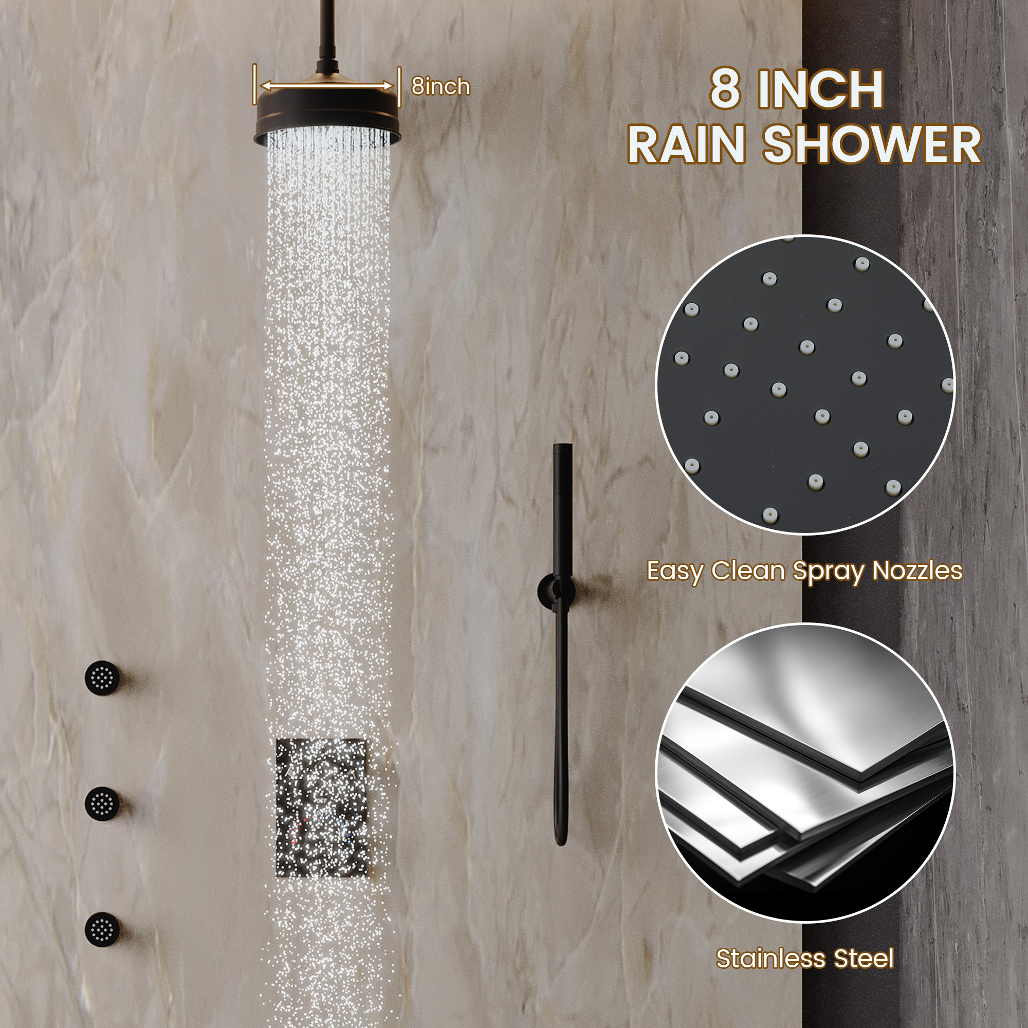 8-inch Ceiling-Mounted Thermostatic Shower System with Body Jets