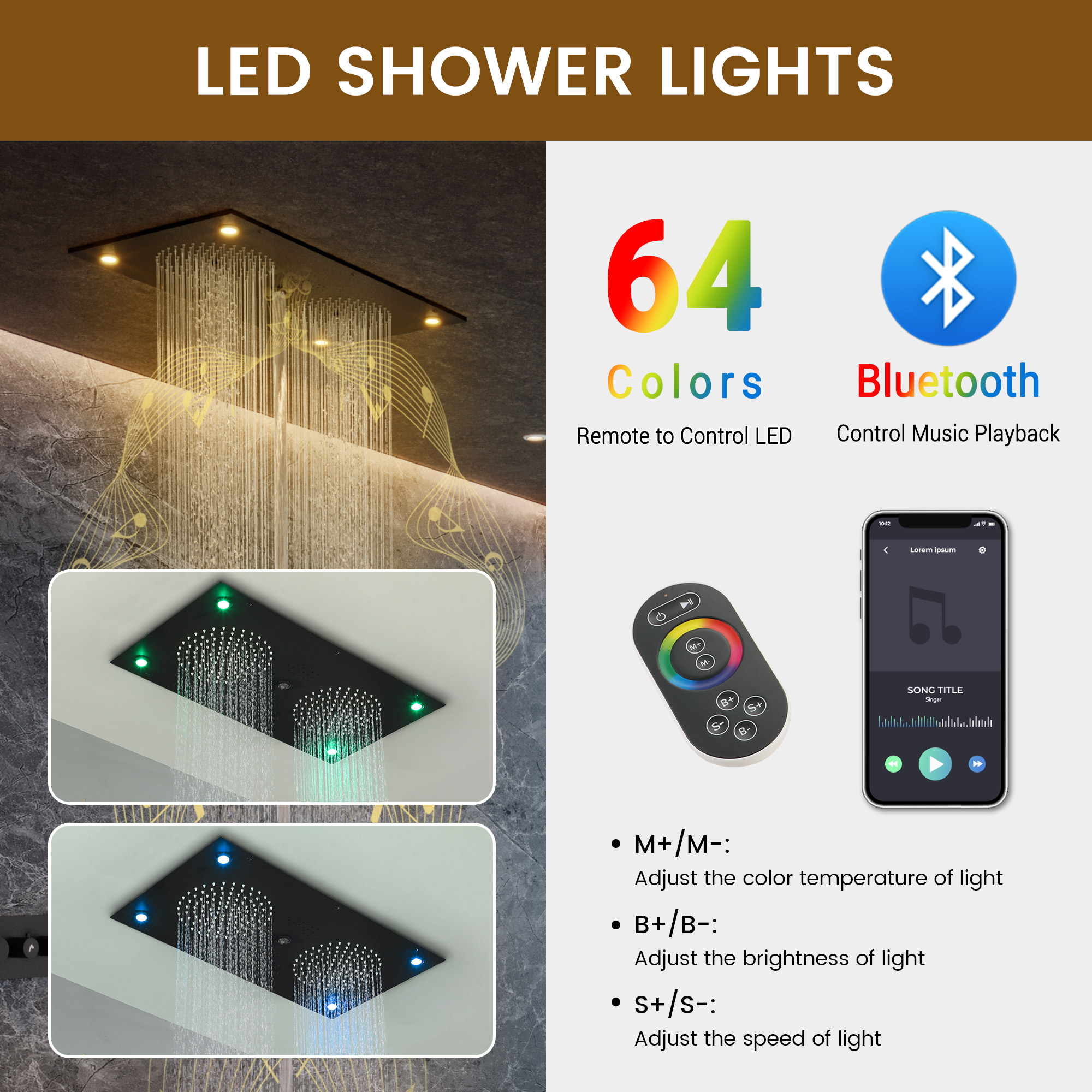 28*15 inch 4-Function Thermostatic Shower System with LED Lights & Bluetooth