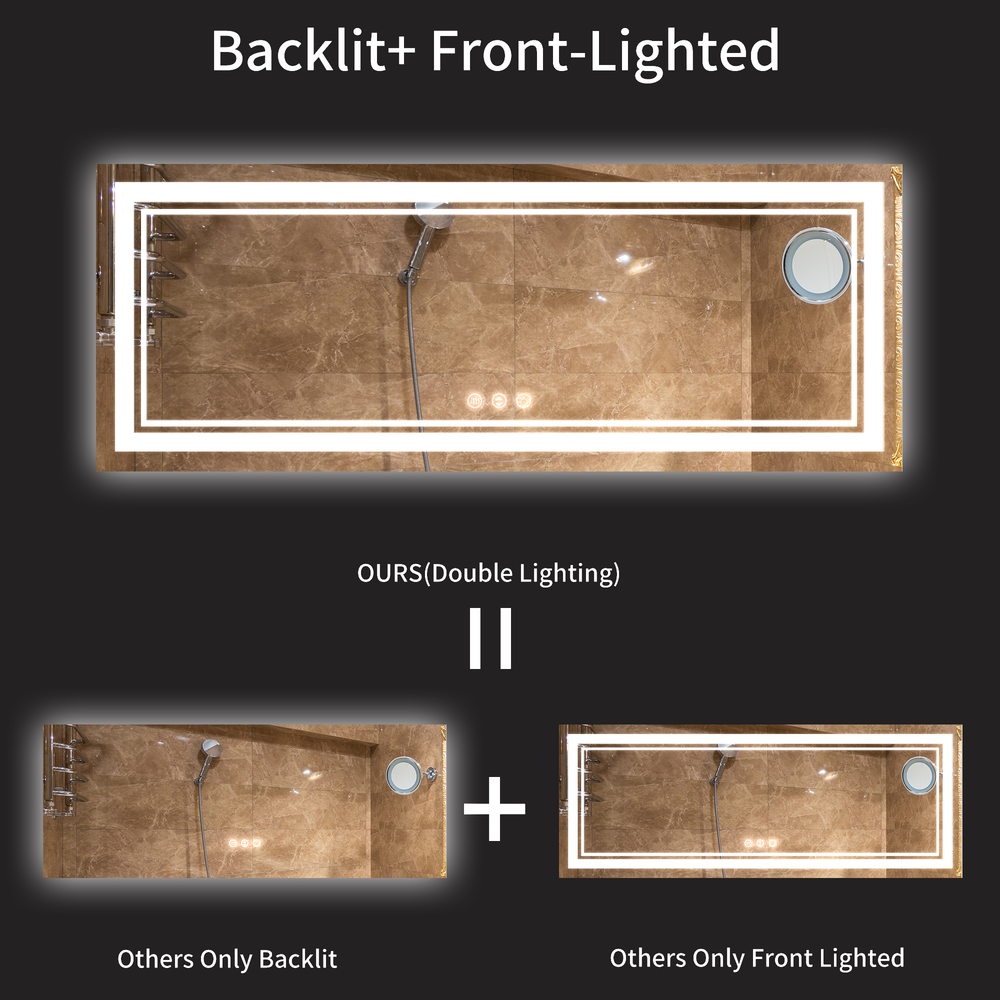 Rectangular Frameless LED Bathroom Mirror with Anti-Fog & Adjustable Color