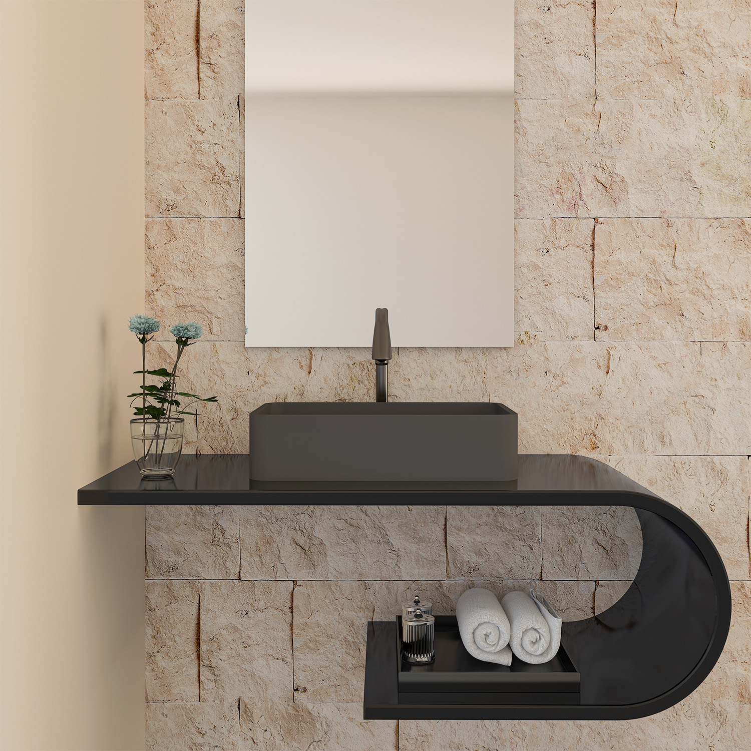 CASAINC 19in Bathroom Concrete Rectangular Vessel Snk with Drainer in Black Earth / Blue Ashes / Taupe Clay