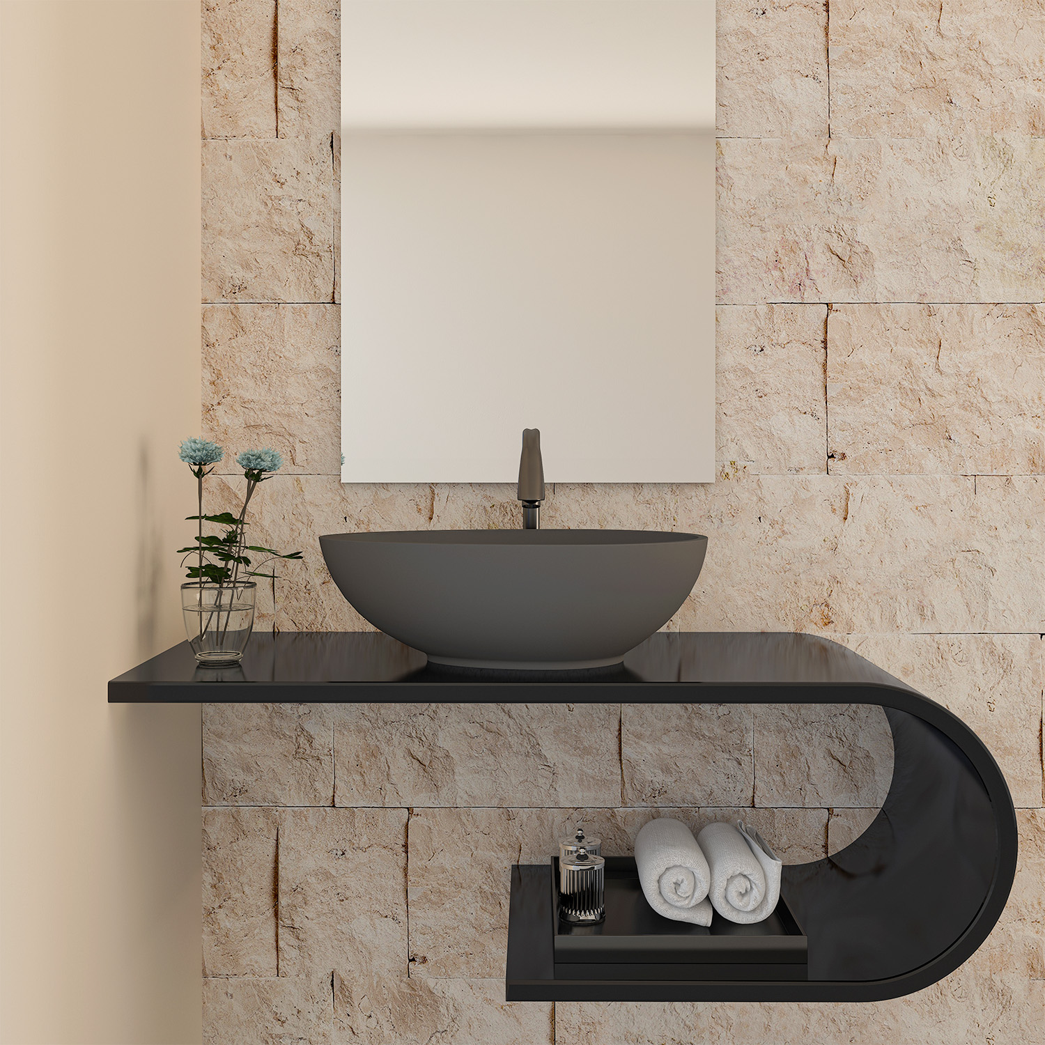 CASAINC 21in Bathroom Egg-shaped Concrete Vessel Sink With Drainer in Black Earth / Mottled Bluish Grey / Blue Ashes