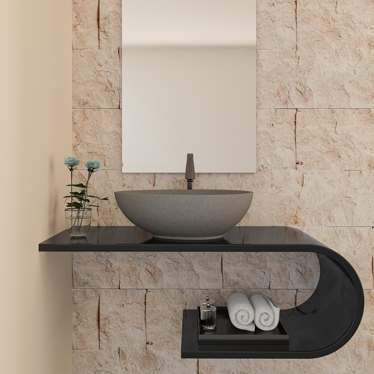 CASAINC 21in Bathroom Egg-shaped Concrete Vessel Sink With Drainer in Black Earth / Mottled Bluish Grey / Blue Ashes