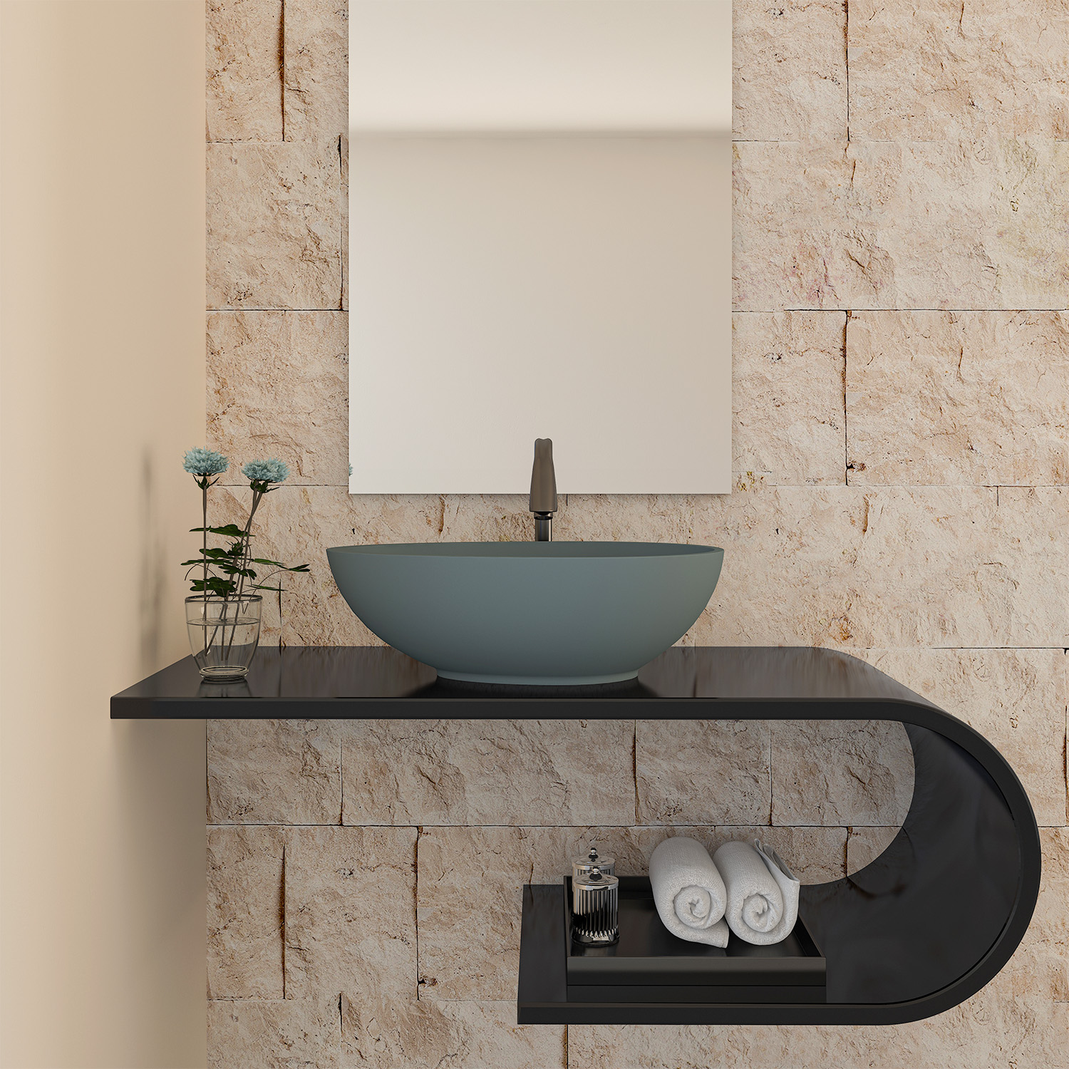CASAINC 21in Bathroom Egg-shaped Concrete Vessel Sink With Drainer in Black Earth / Mottled Bluish Grey / Blue Ashes