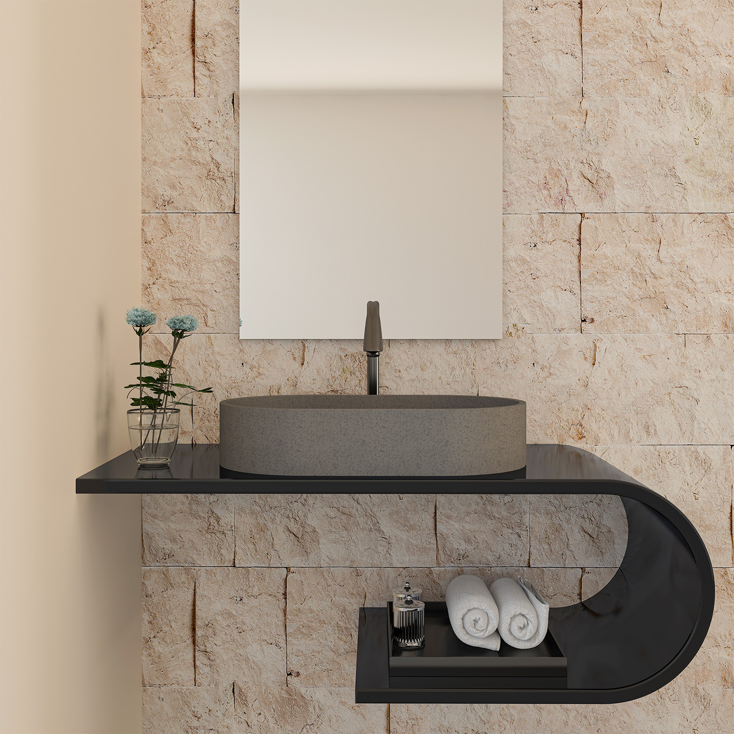 CASAINC 23in Bathroom Concrete Oval Vessel Sink with Drainer in Black Earth / Mottled Bluish Grey / Cold Concrete Grey