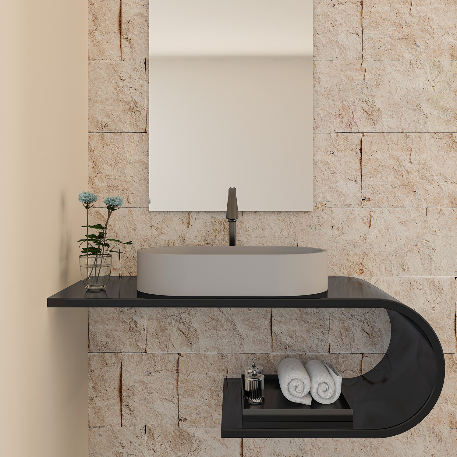 CASAINC 23in Bathroom Concrete Oval Vessel Sink with Drainer in Black Earth / Mottled Bluish Grey / Cold Concrete Grey