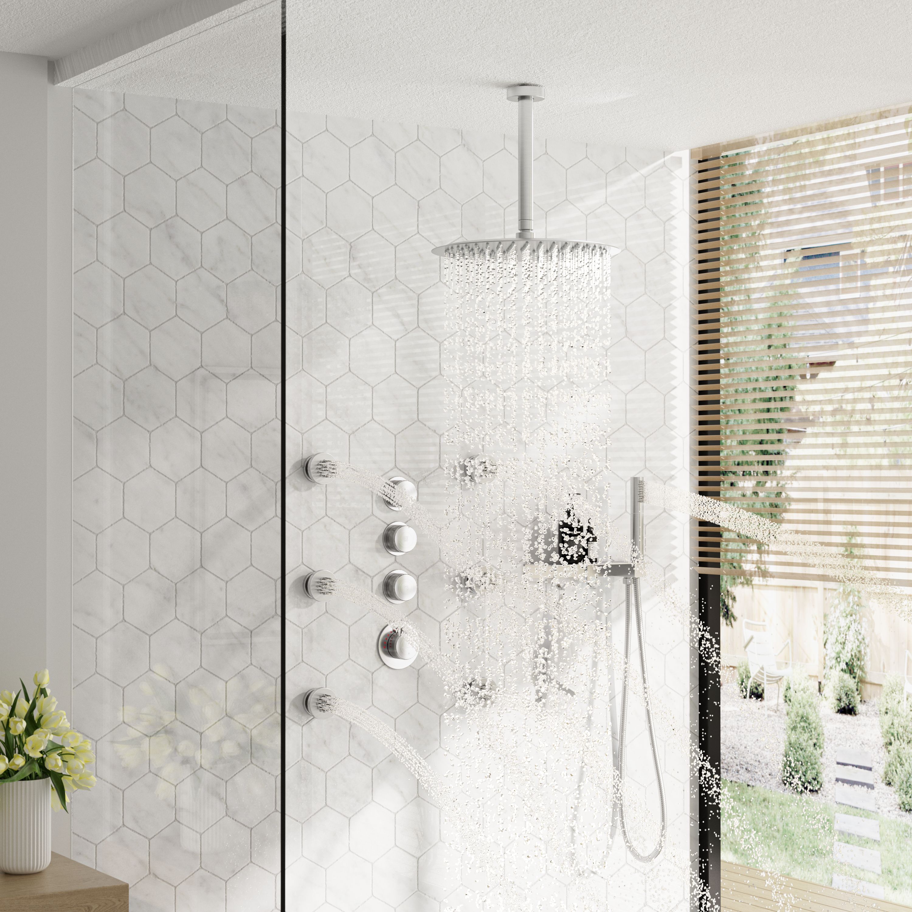 12" Shower System With Shelf, Handheld Shower With Spray Gun Feature