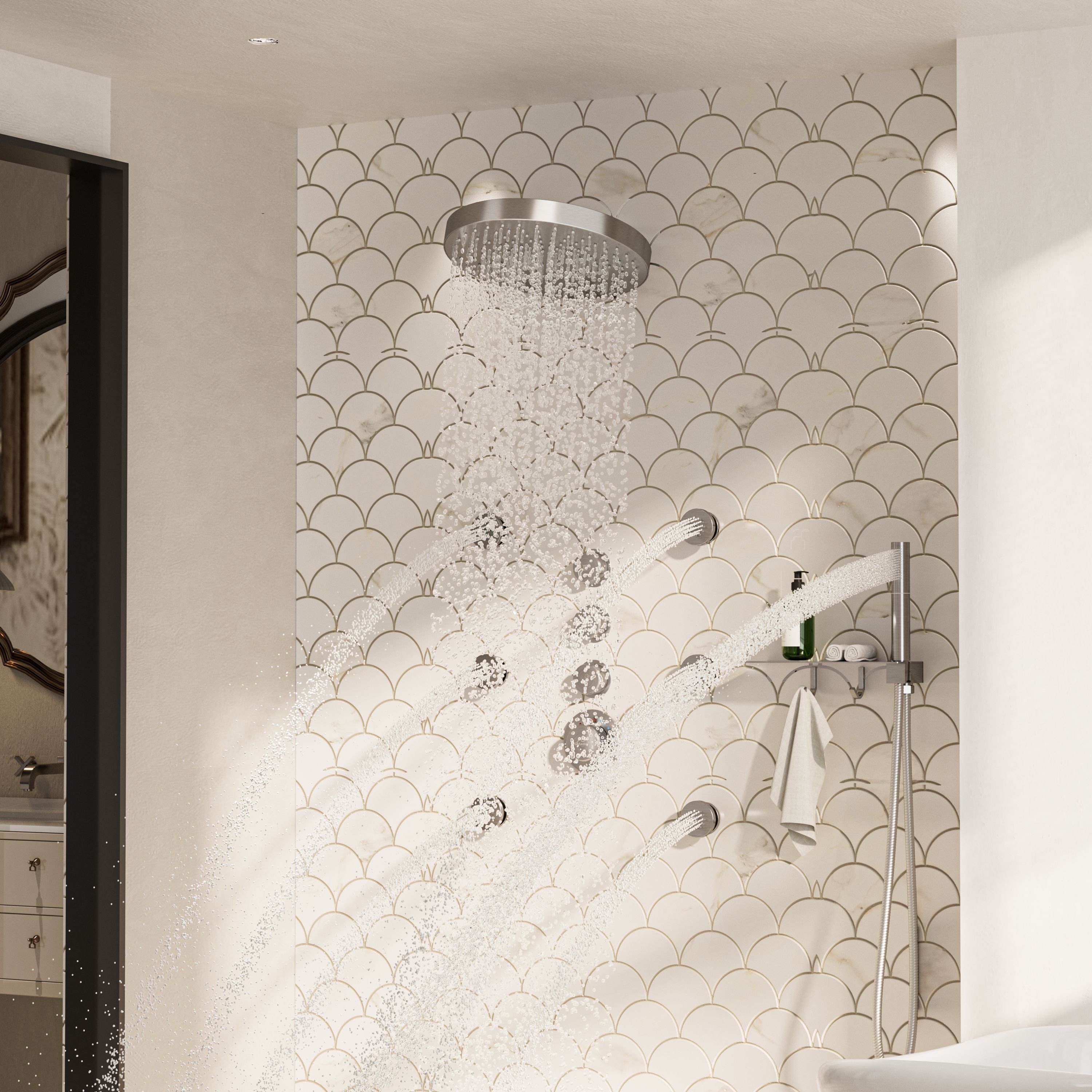 12" Adjustable Shower Head With Shelf Shower System, Hand Shower With Spray Gun Function