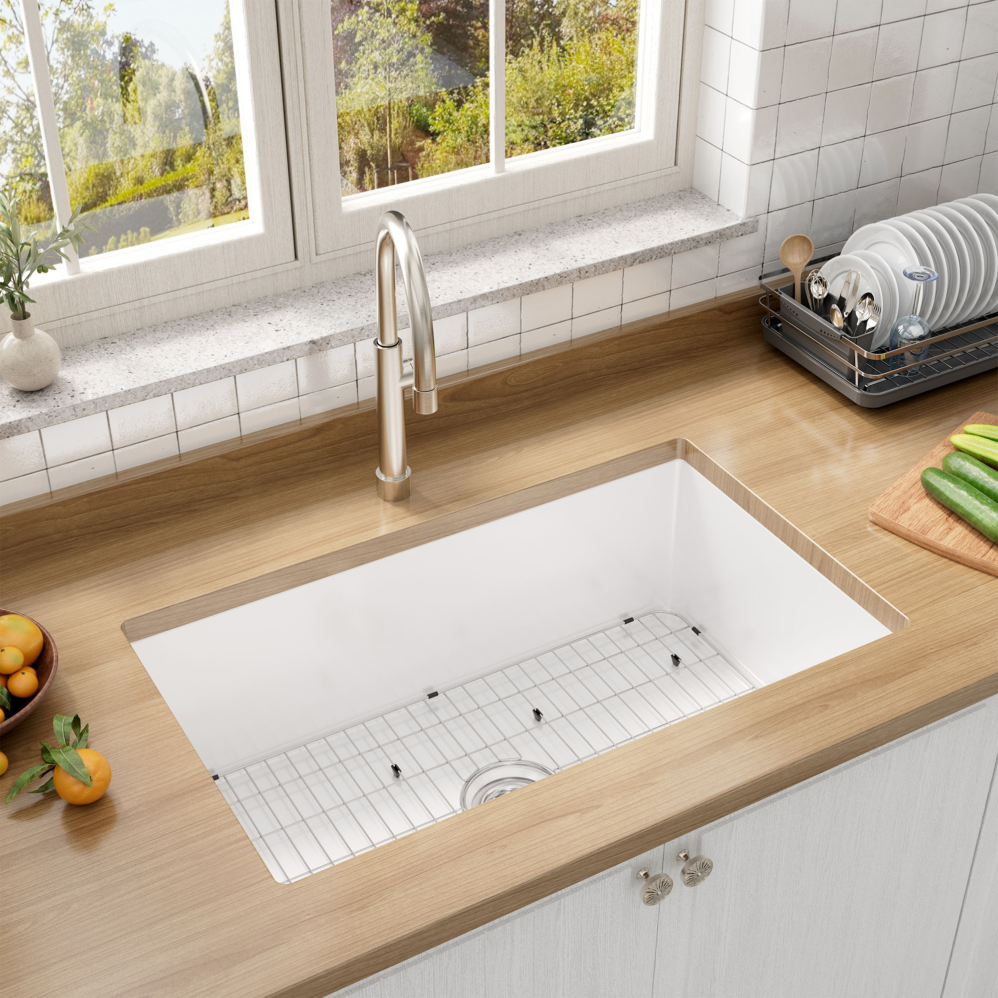 32 in. Undermount Single Bowl Fireclay Kitchen Sink with Grid and Drainer