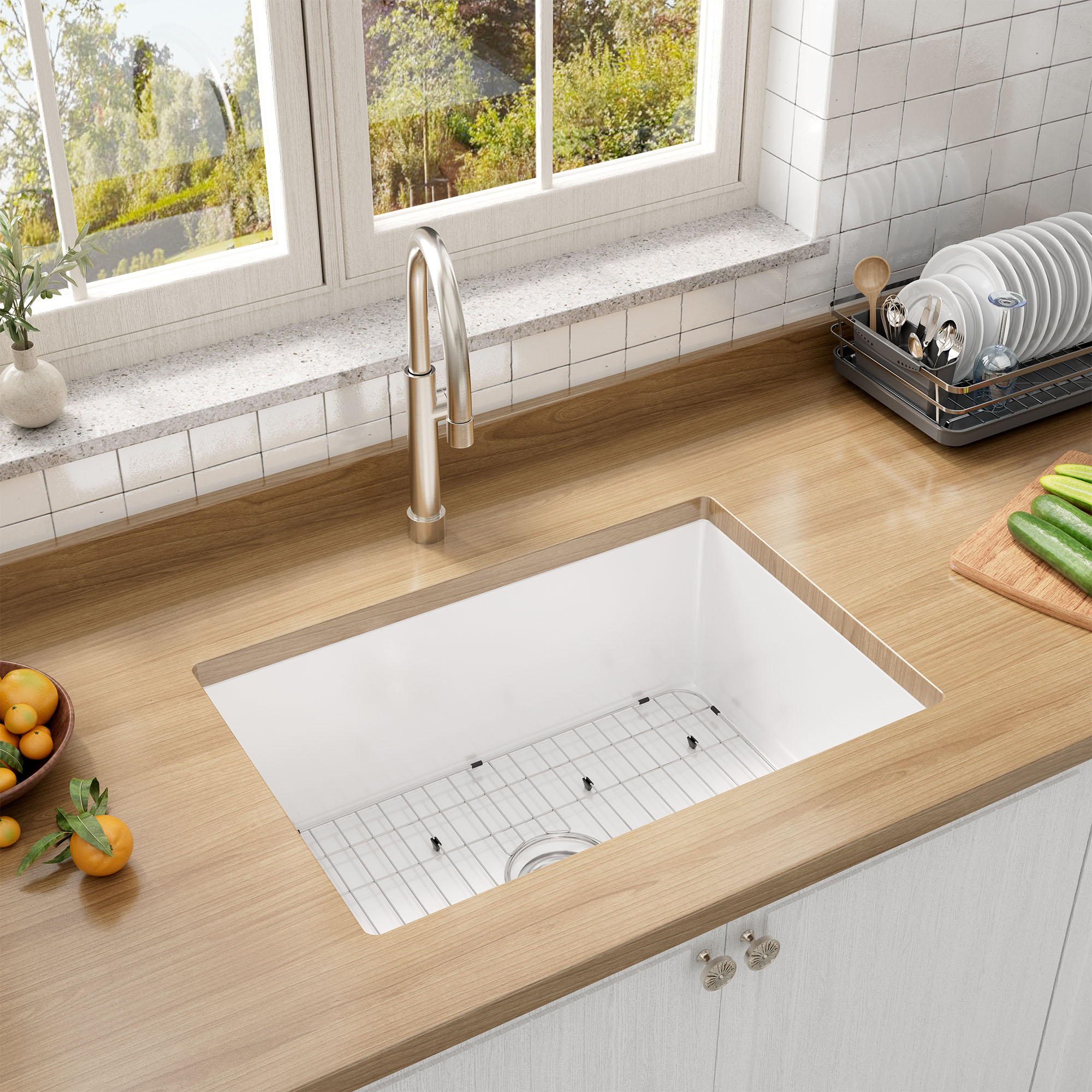 27in Undermount Single Bowl Fireclay Kitchen Sink with Grid & Drainer