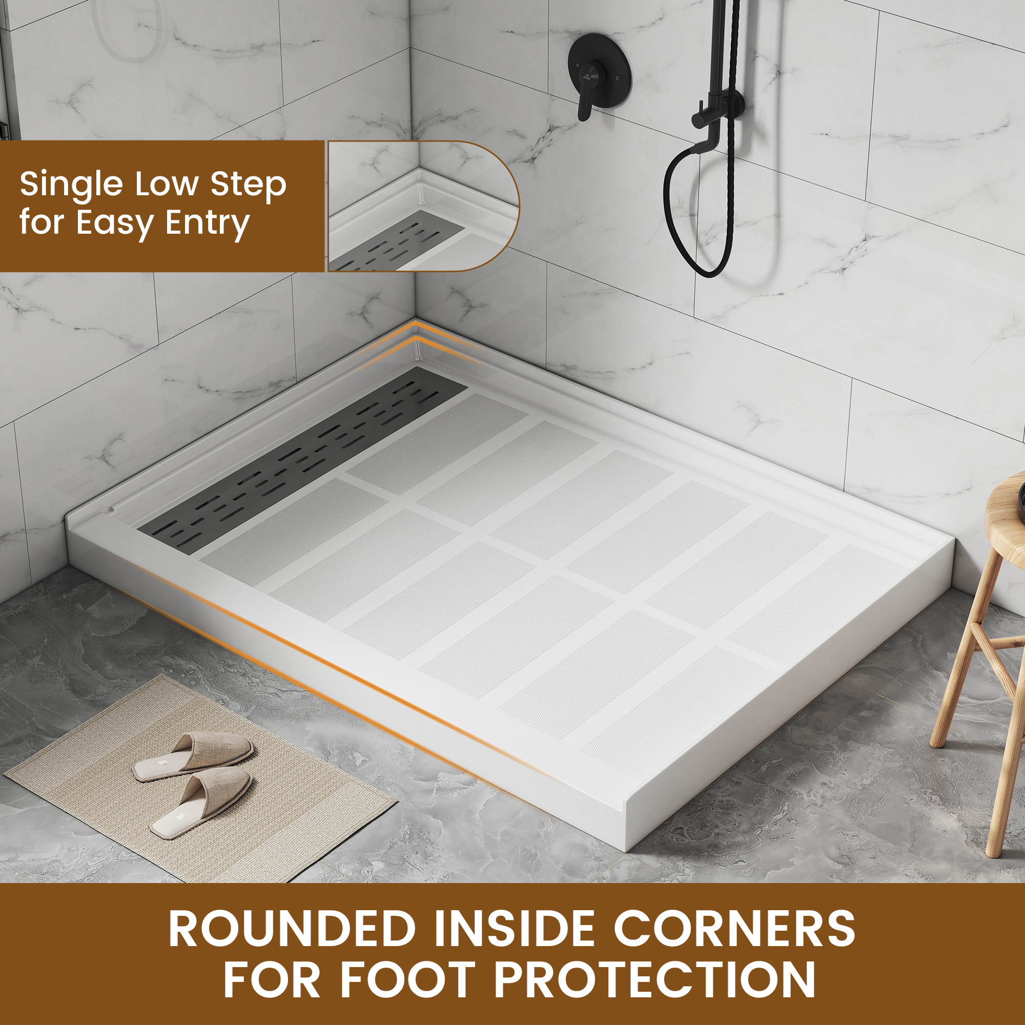 48x36” SMC Solid White Shower Base with Non-Slip Surface, CUPC Certified