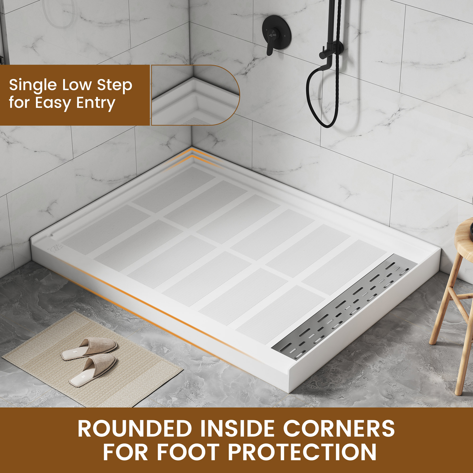 48x36” SMC Solid White Shower Base with Non-Slip Surface, CUPC Certified