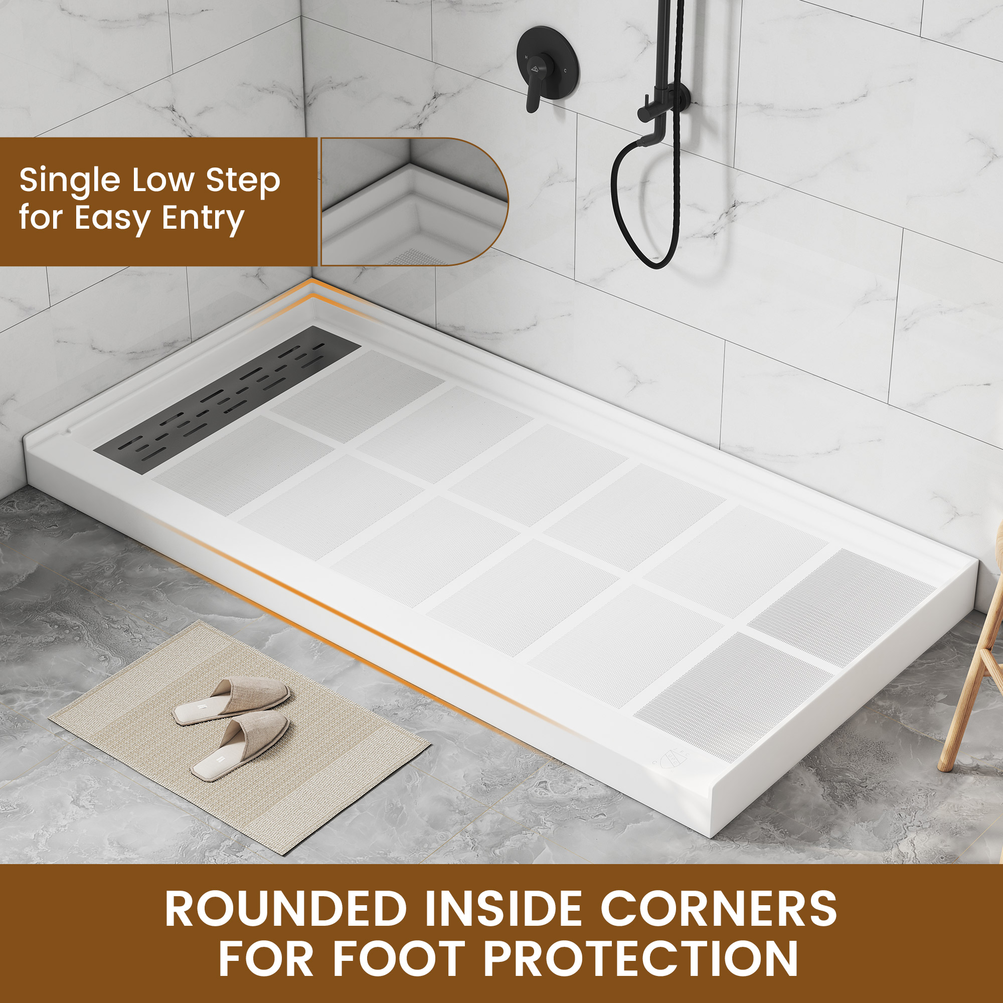 60"x30" Solid Surface Alcove Shower Pan Base in White, Drain Included