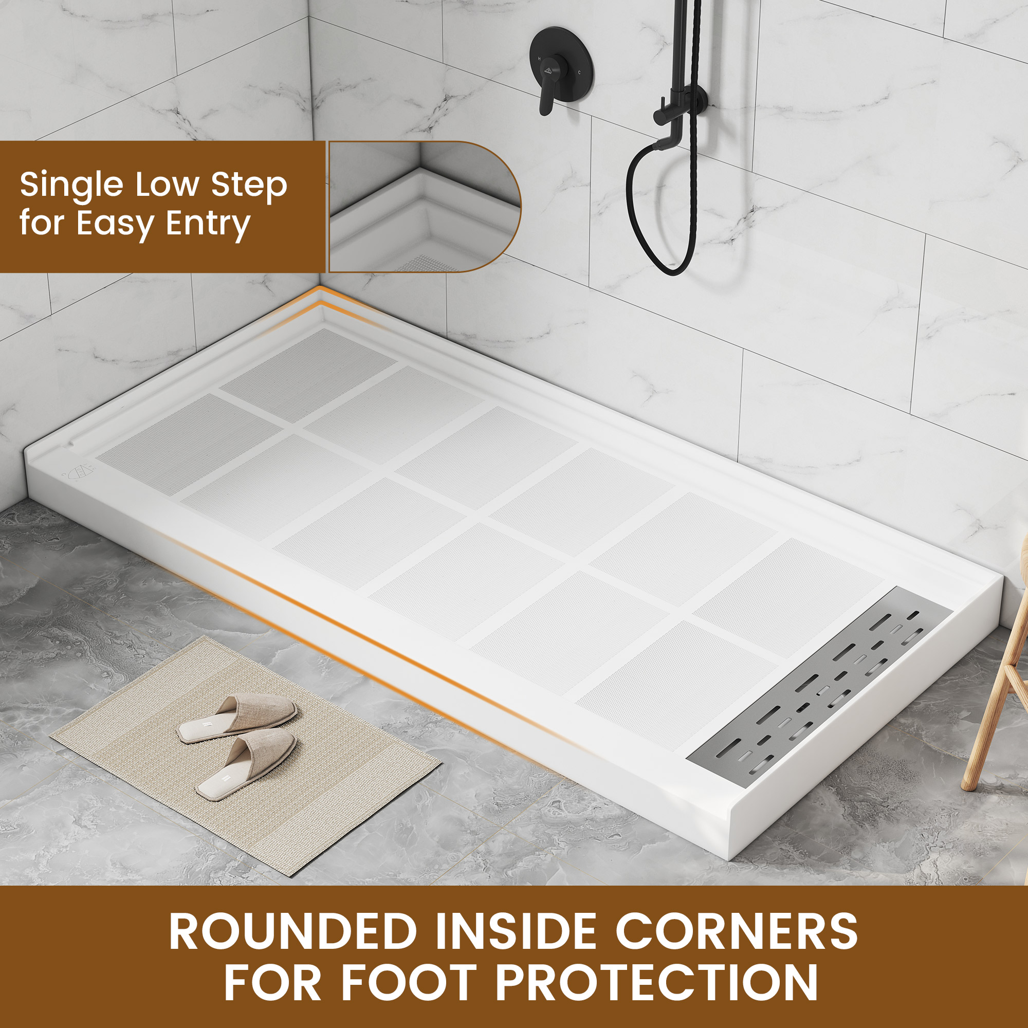 60"x30" Solid Surface Alcove Shower Pan Base in White, Drain Included