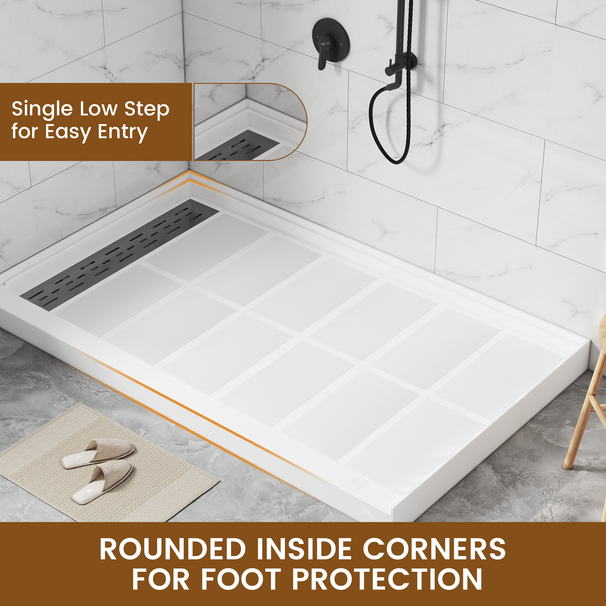 60"x36" White Solid Surface Rectangle Single Threshold Shower Pan Base