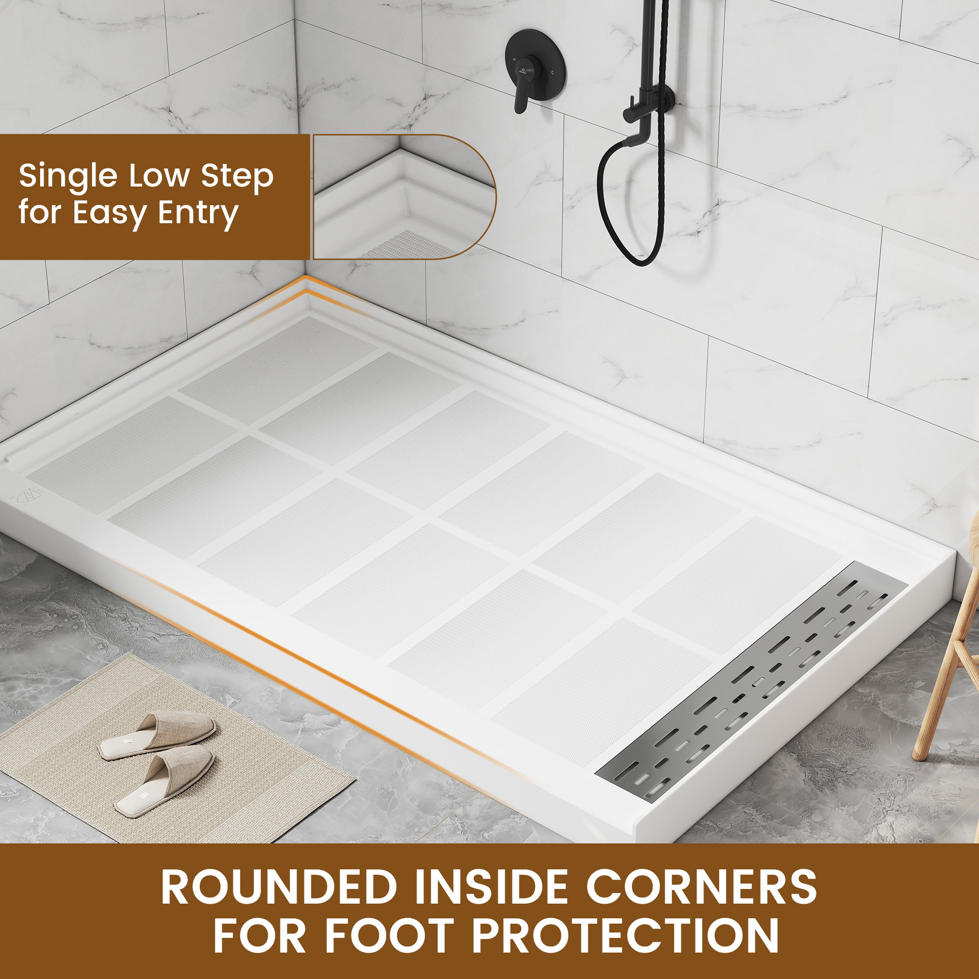 60"x36" White Solid Surface Rectangle Single Threshold Shower Pan Base