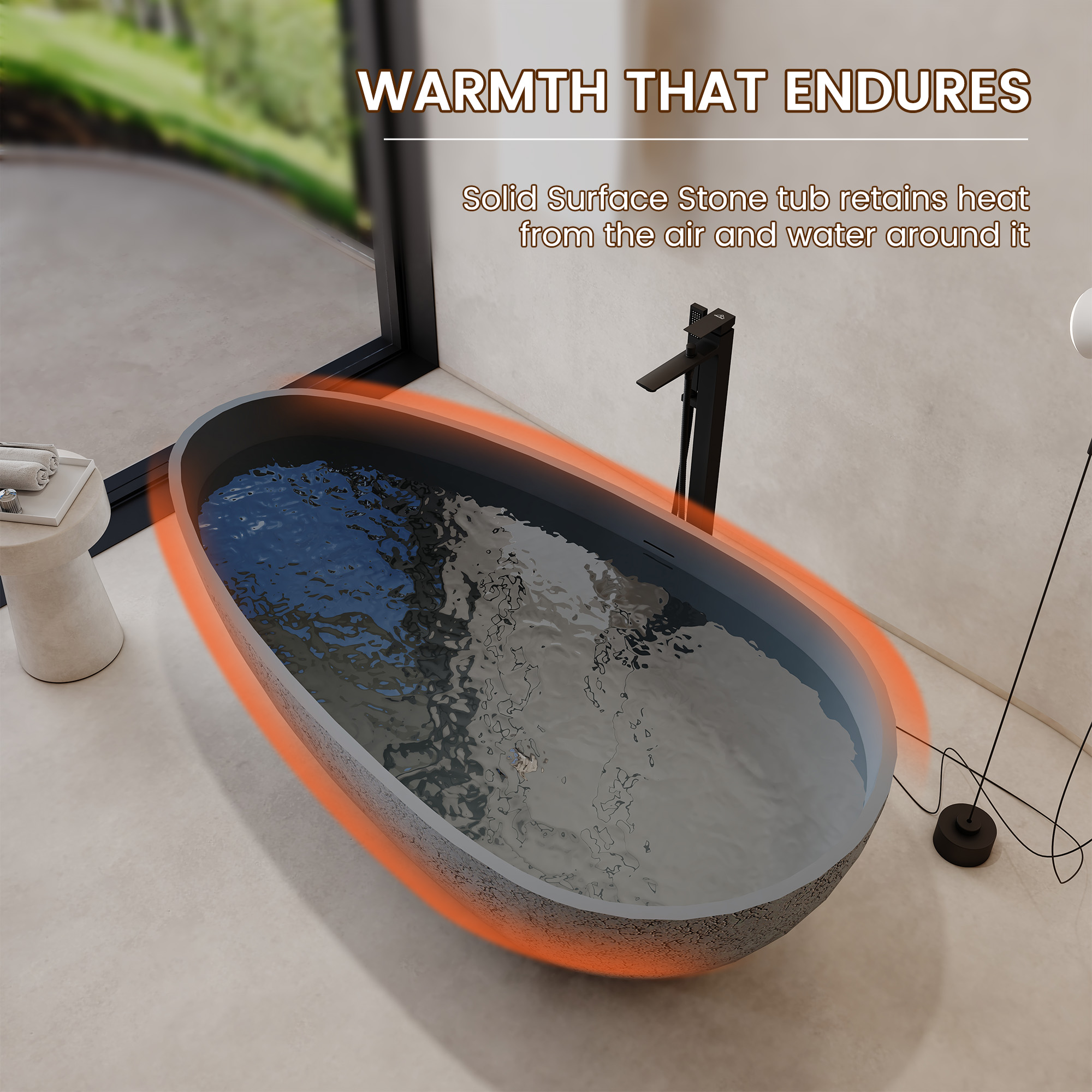 59" Freestanding Resin Stone Soaking Bathtub with Cement-Colored Body and Outer Dot