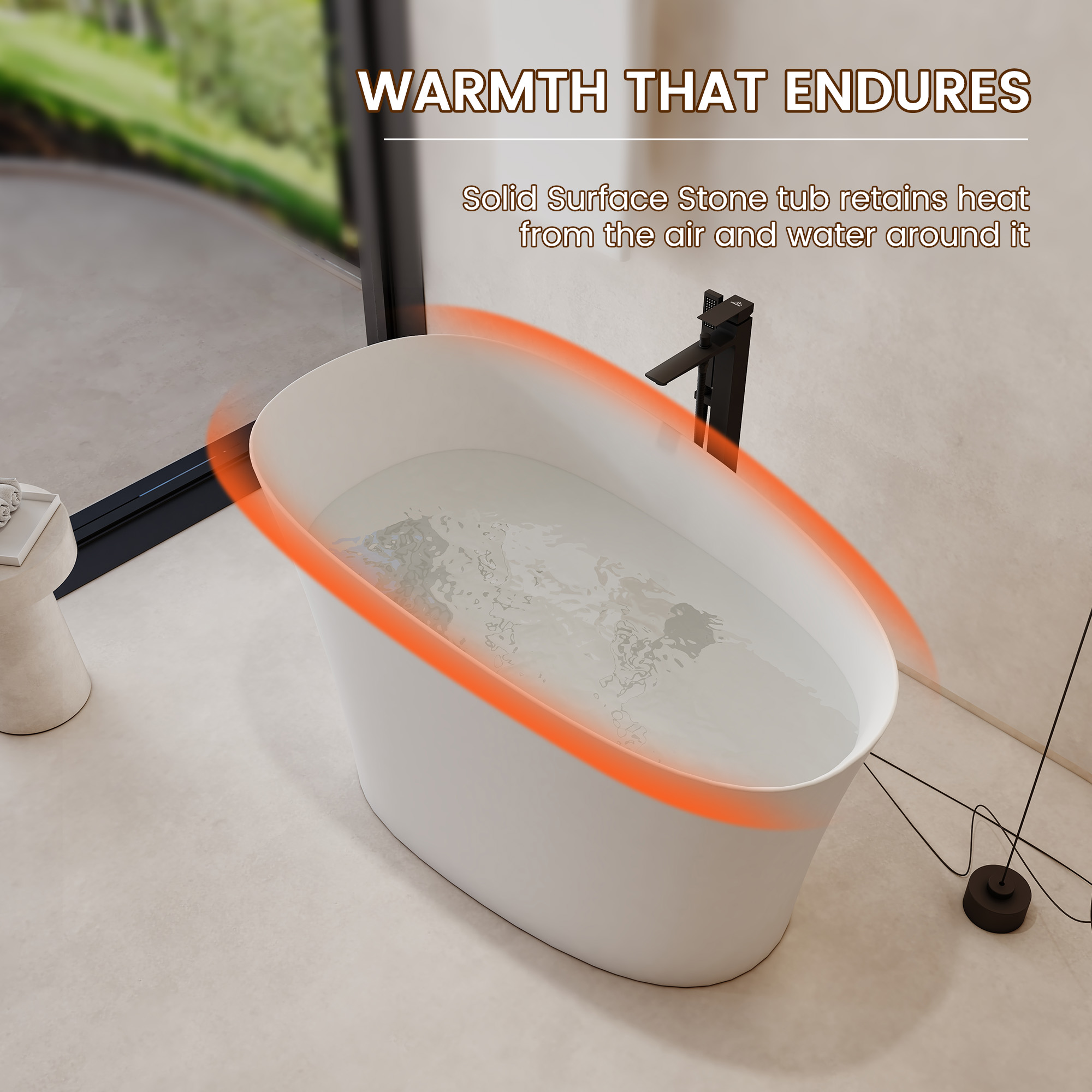 51" Solid Surface Freestanding Bathtub with Raised Edge and Built-in Mini Seat