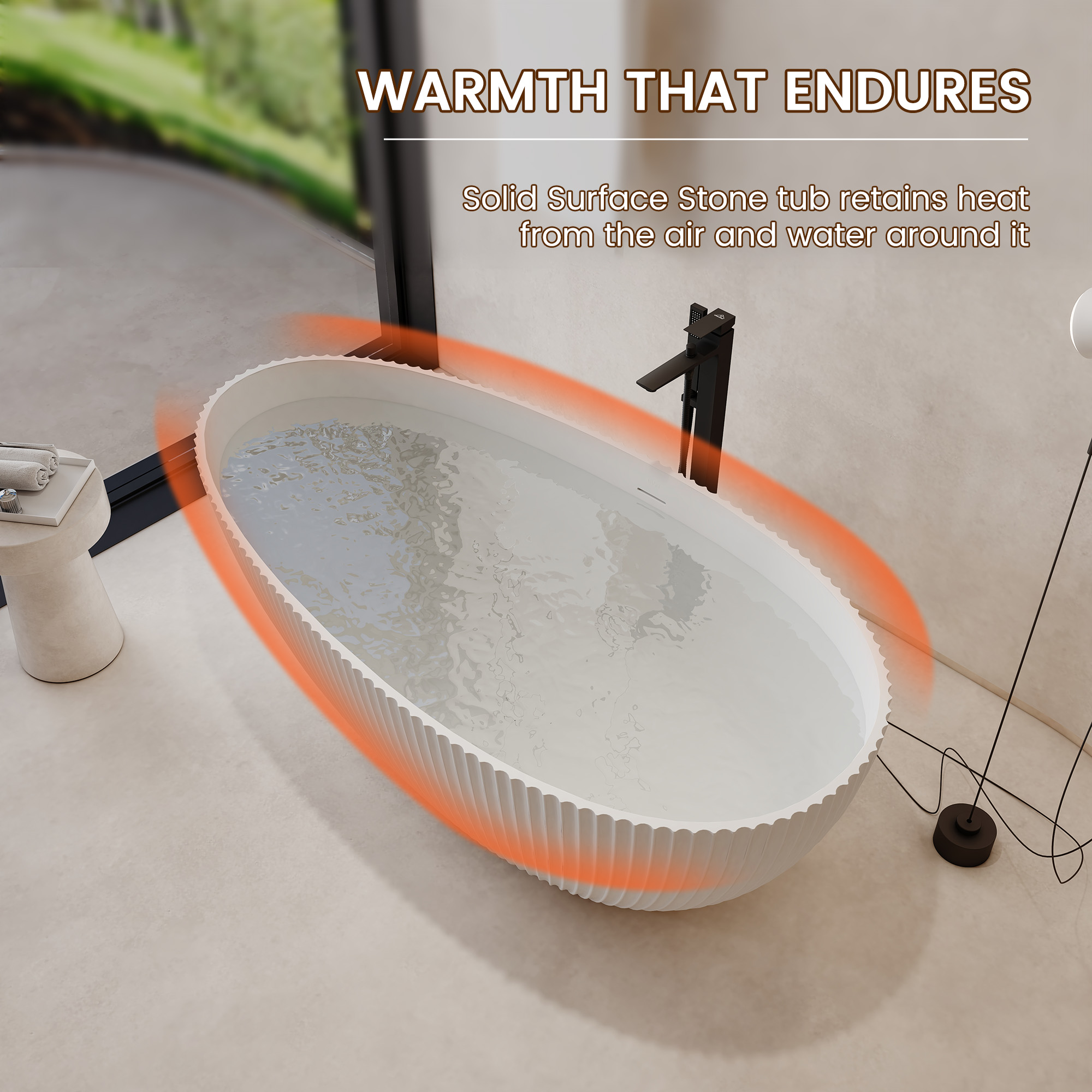 67" Solid Surface Freestanding Soaking Bathtub with Ribbed Textured Design