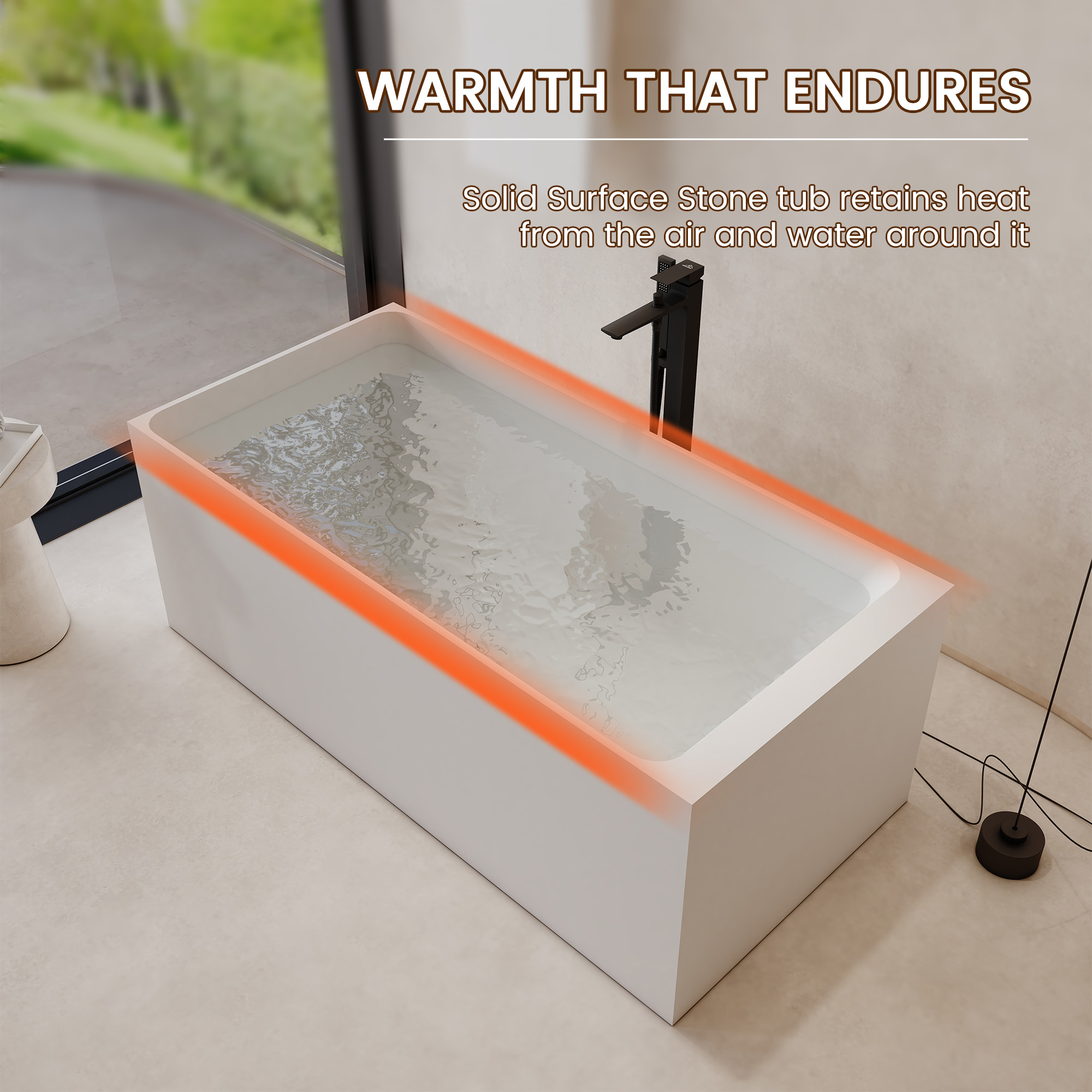 59" Rectangular Solid Surface Freestanding Bathtub with Sloped Backrest