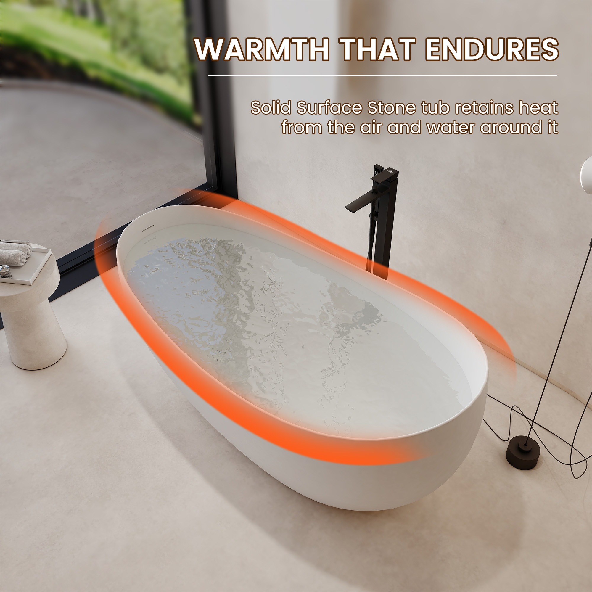 63" Solid Surface Freestanding Soaking Bathtub with High Backrest