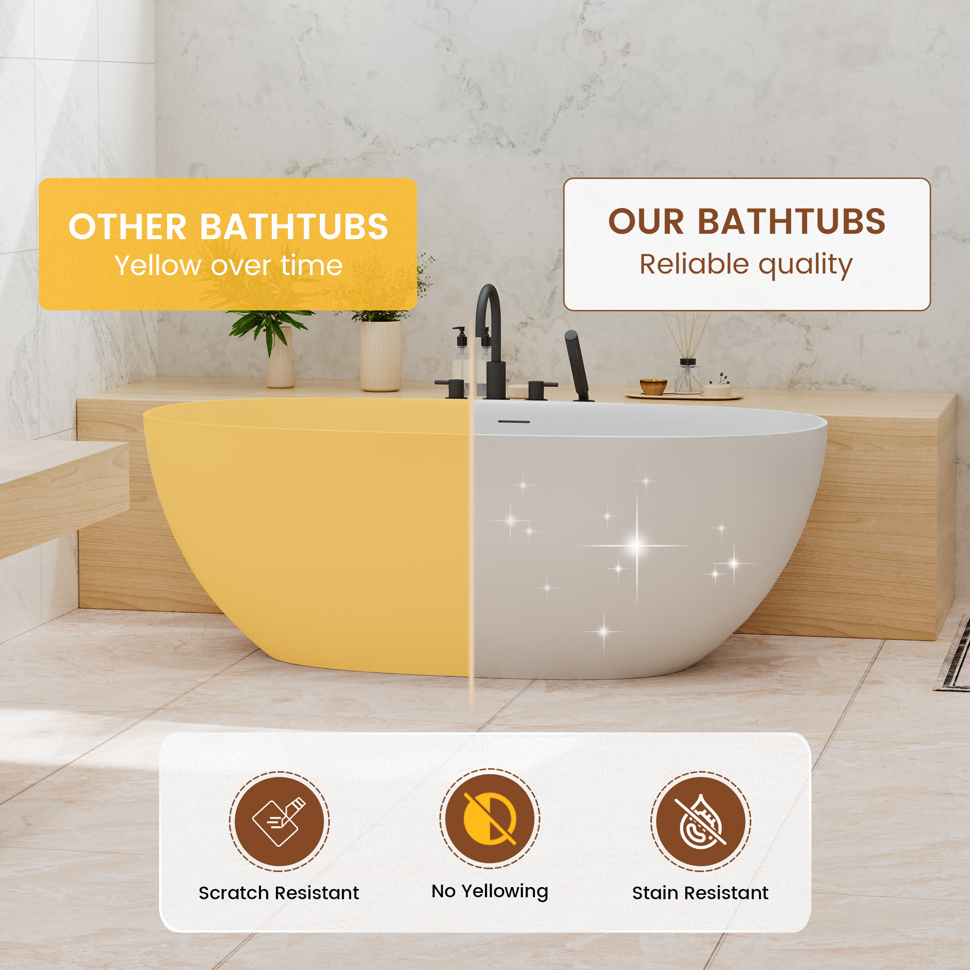 71" Oval Solid Surface Freestanding Soaking Bathtub in Matte White