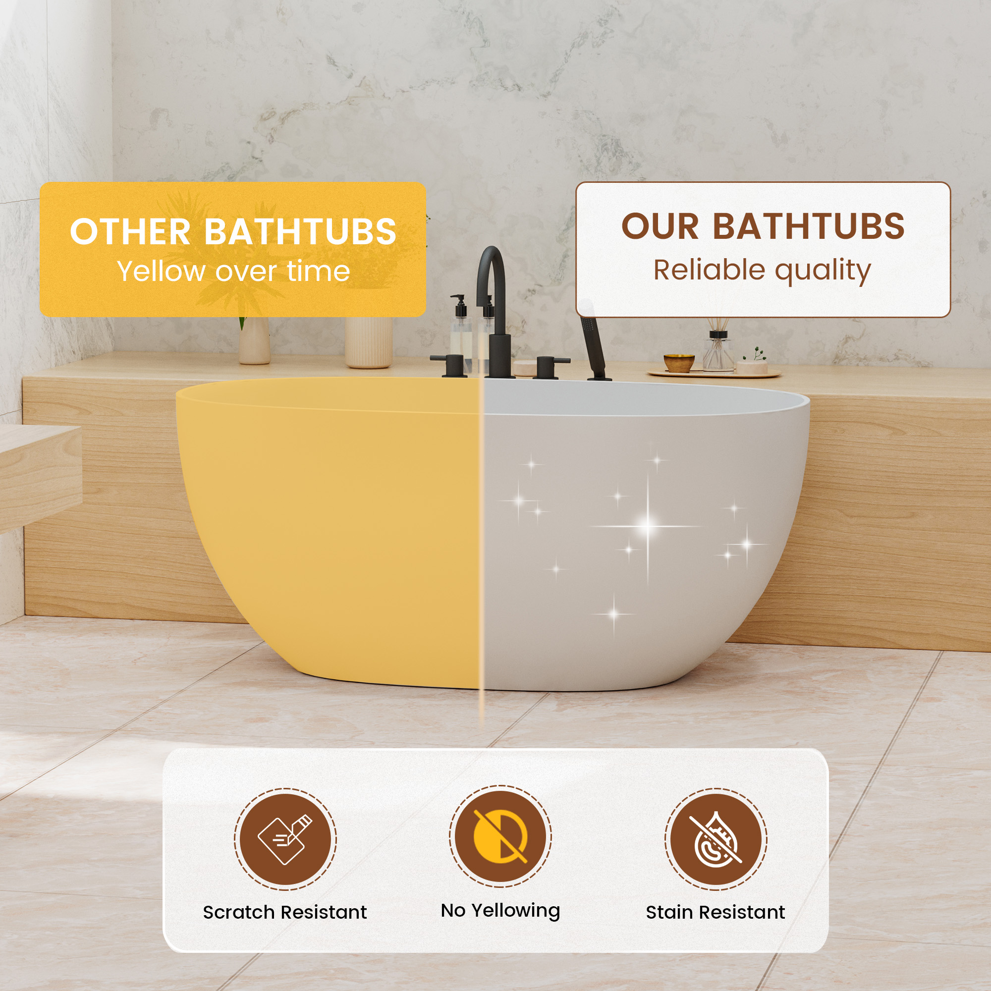 55" Freestanding Solid Surface Soaking Bathtub with Left Drain