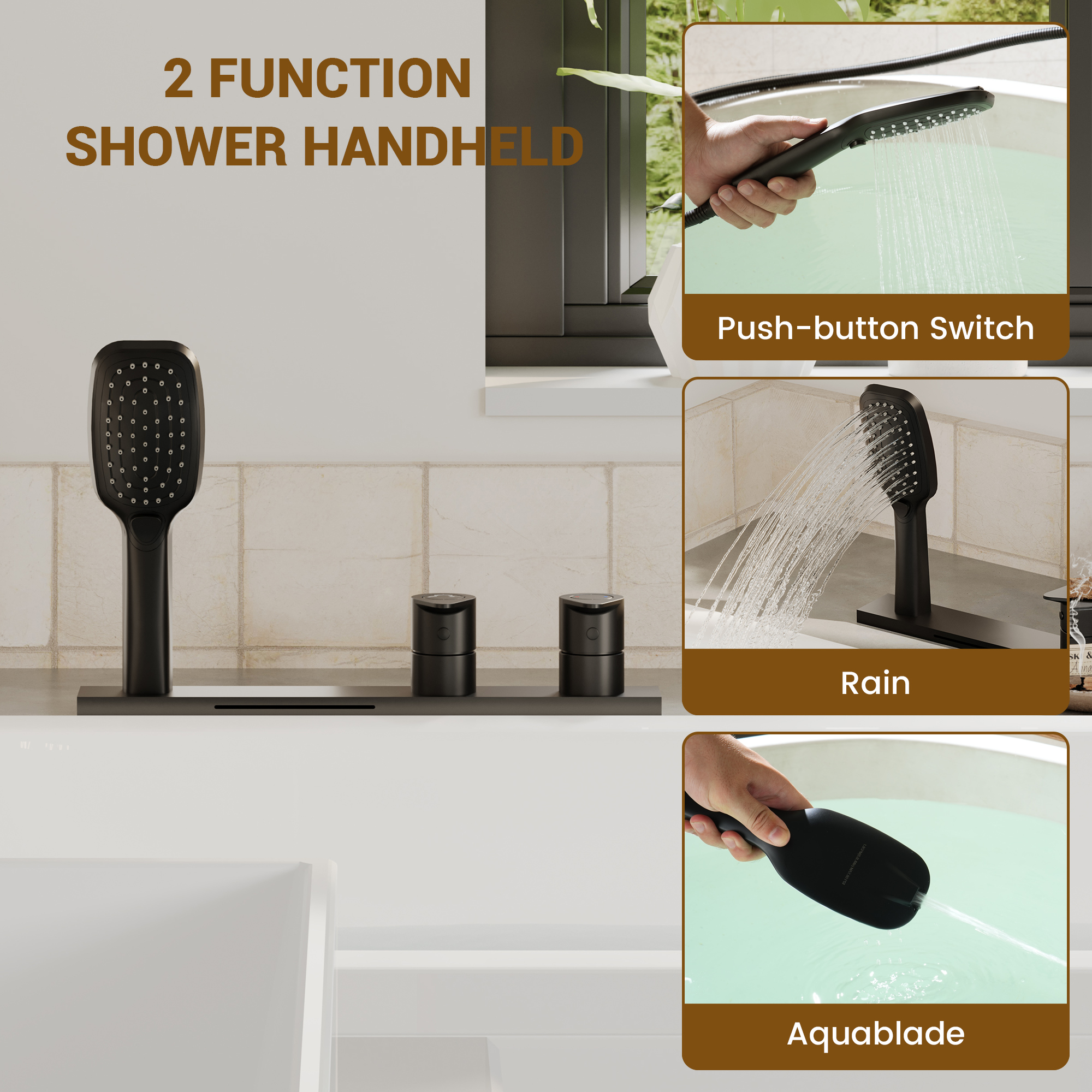 2-Handle Deck-Mounted Bathtub Faucet with 2 Spray Modes Hand Shower