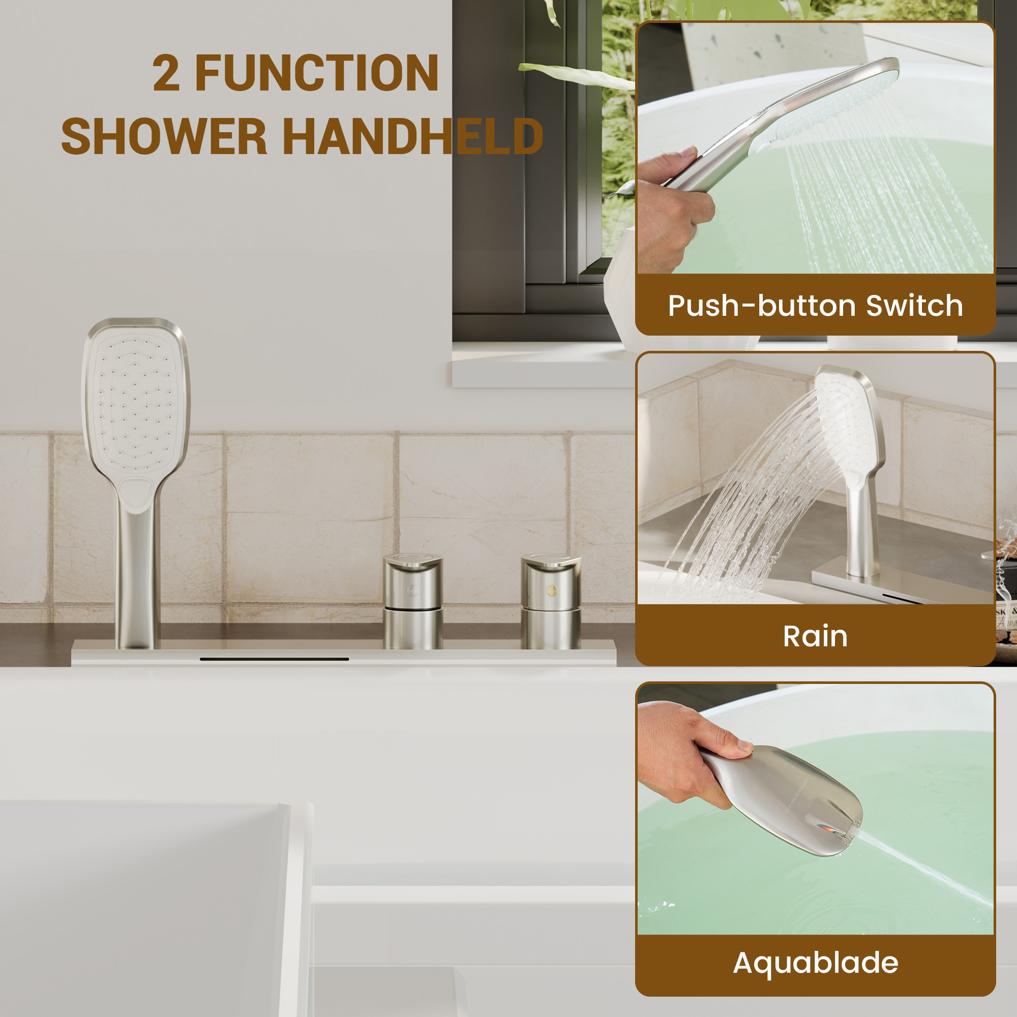 2-Handle Deck-Mounted Bathtub Faucet with 2 Spray Modes Hand Shower