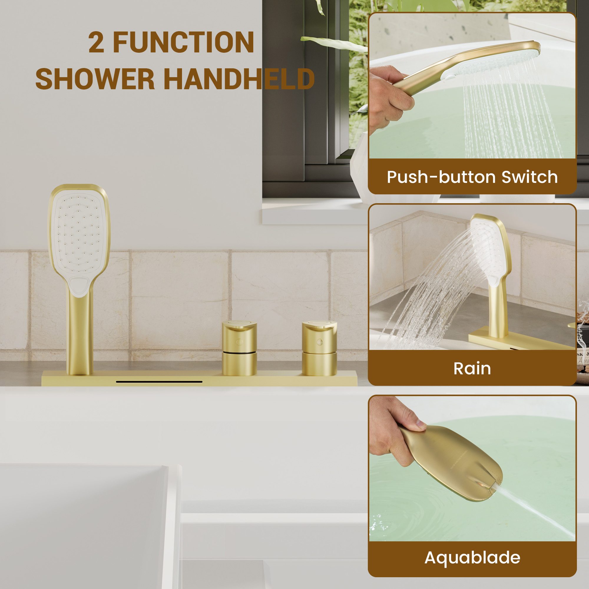 2-Handle Deck-Mounted Bathtub Faucet with 2 Spray Modes Hand Shower