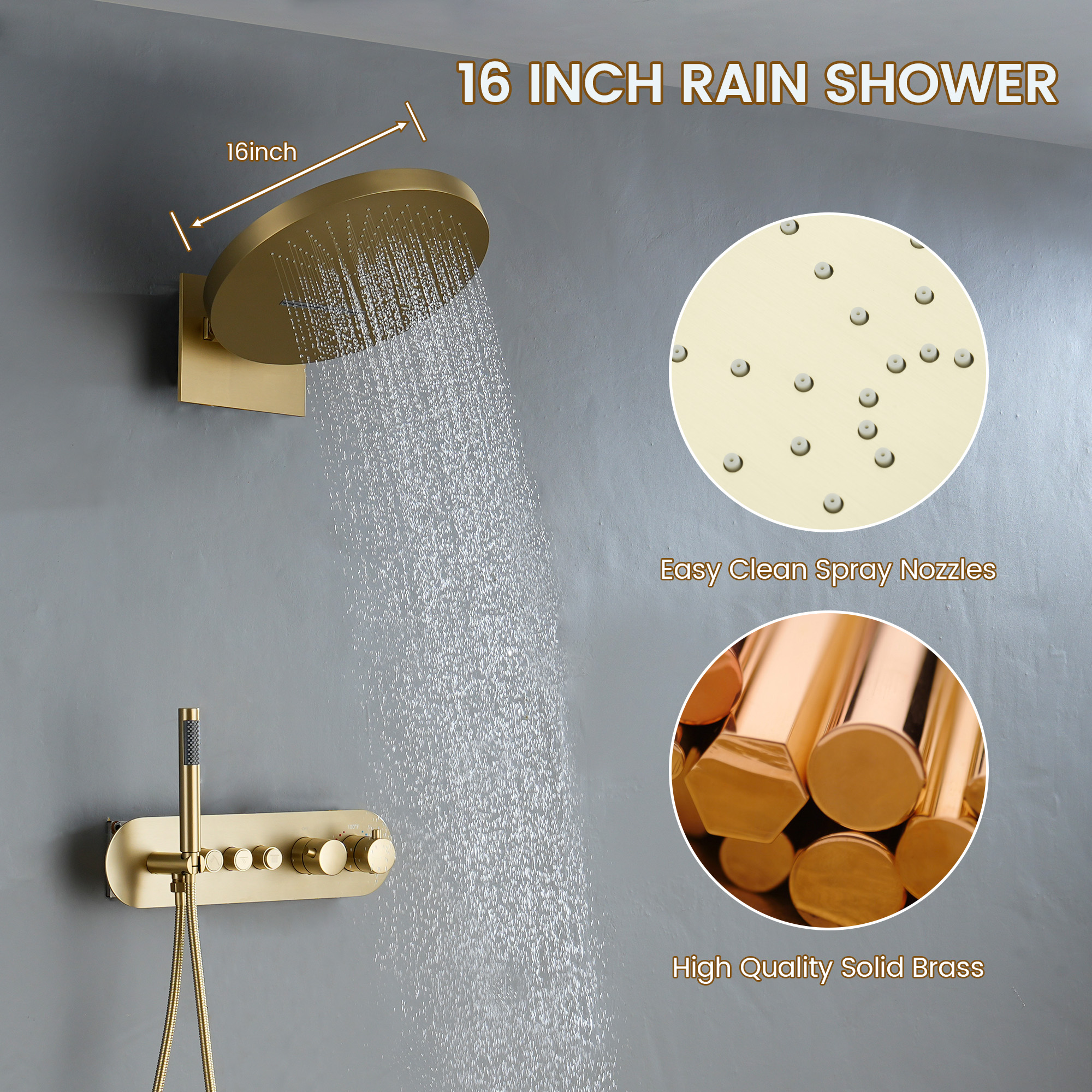 16-inch Wall-Mounted Thermostatic Shower System with Hand Shower