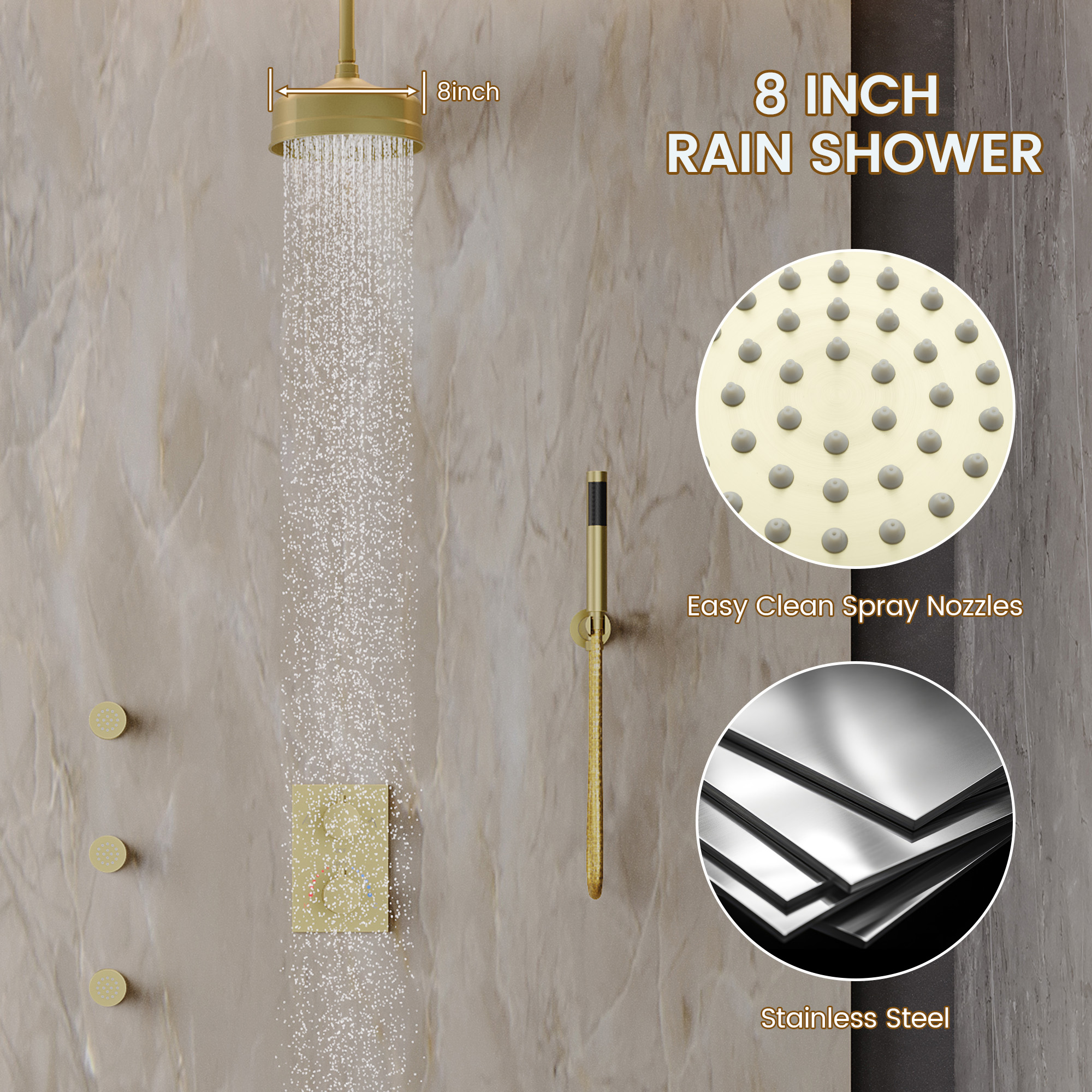 8-inch Ceiling-Mounted Thermostatic Shower System with Body Jets