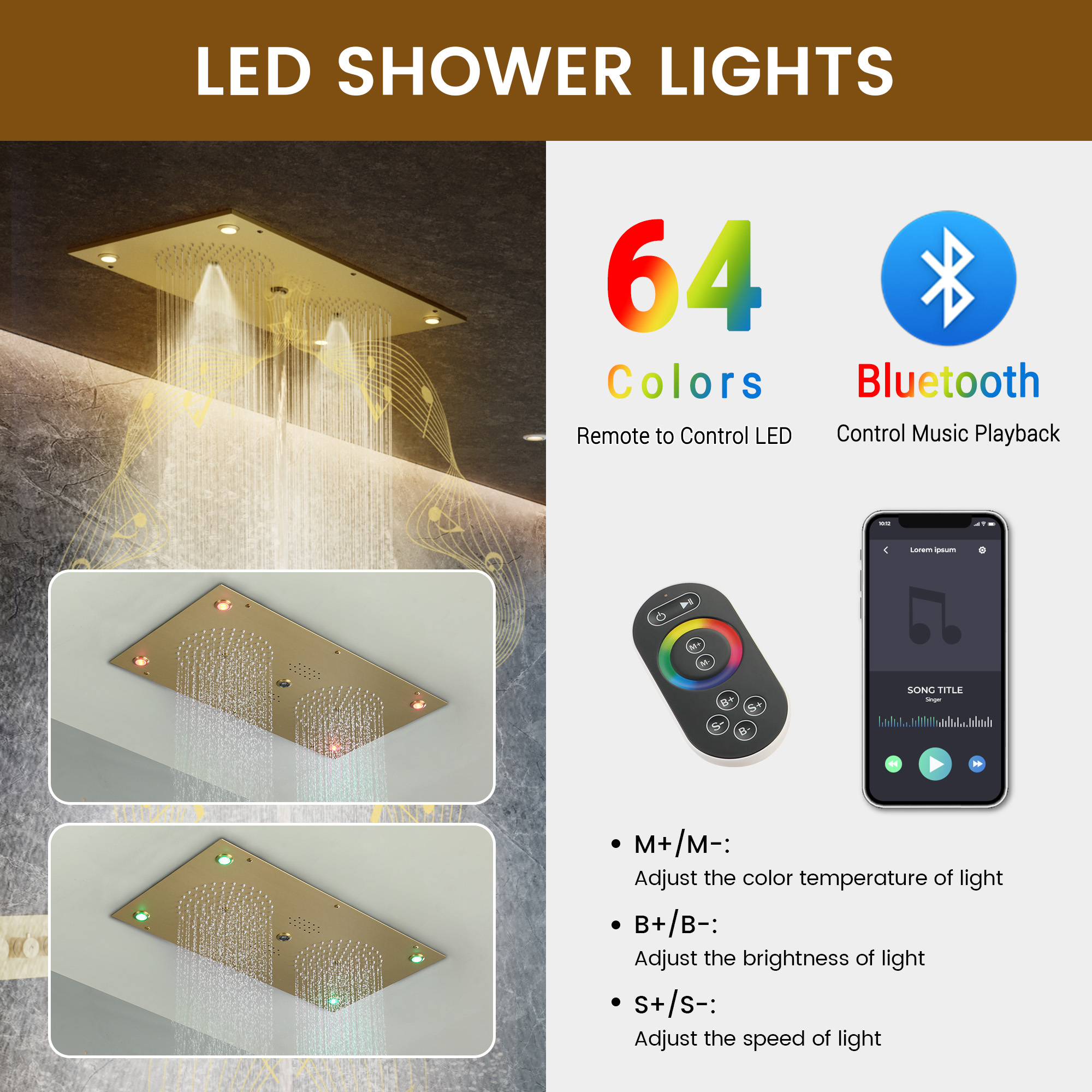 28*15 inch 4-Function Thermostatic Shower System with LED Lights & Bluetooth