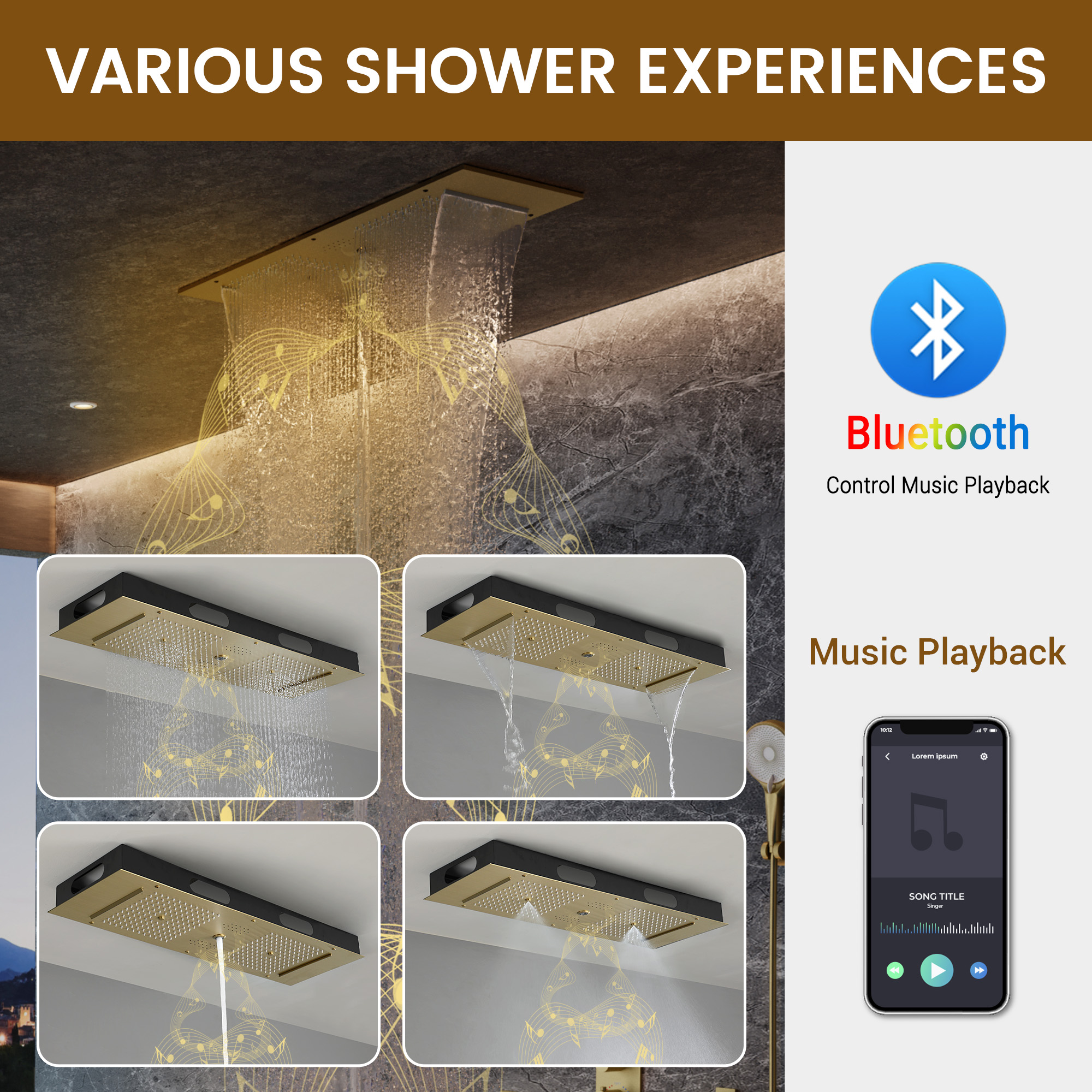 35*12 inch 6-Function Luxury Shower System with Body Jets & Bluetooth