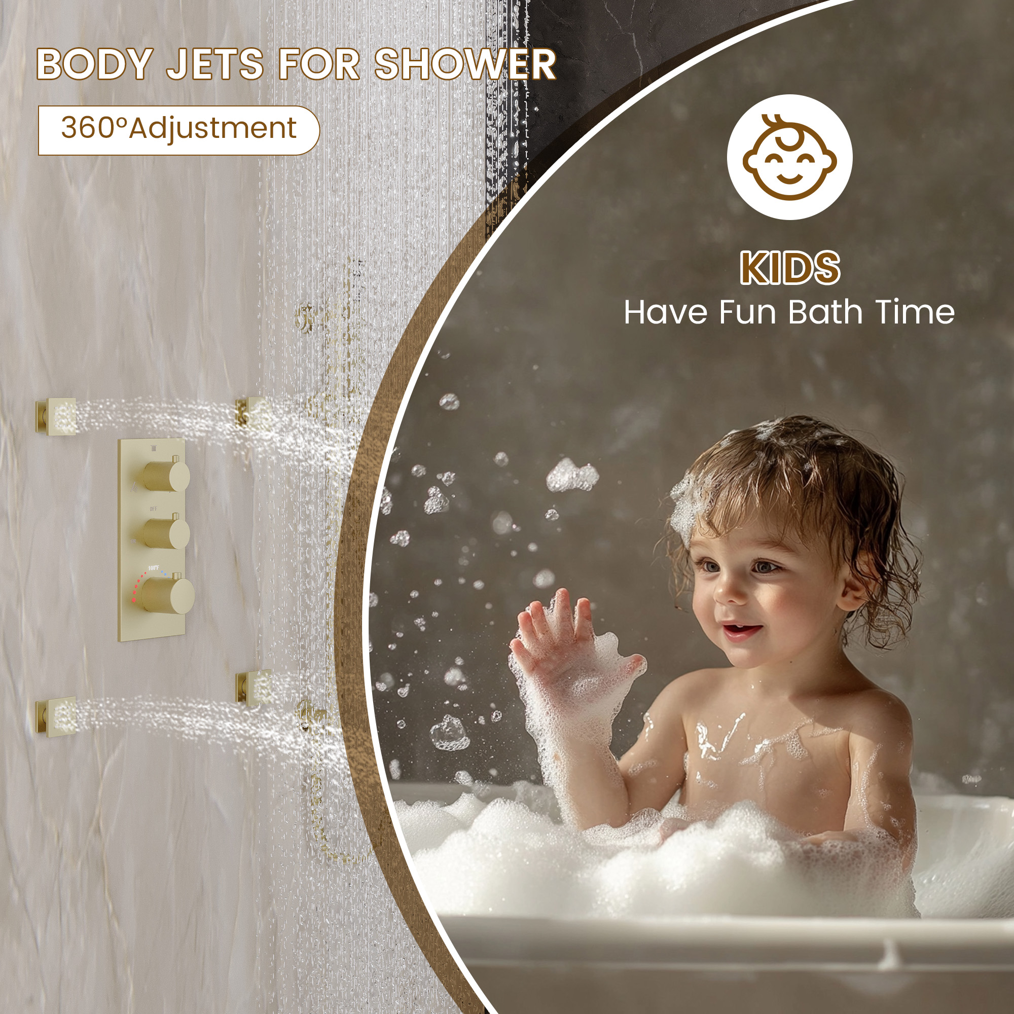 12-inch 3-Function Thermostatic Rain Shower System with Body Jets & Slide Bar