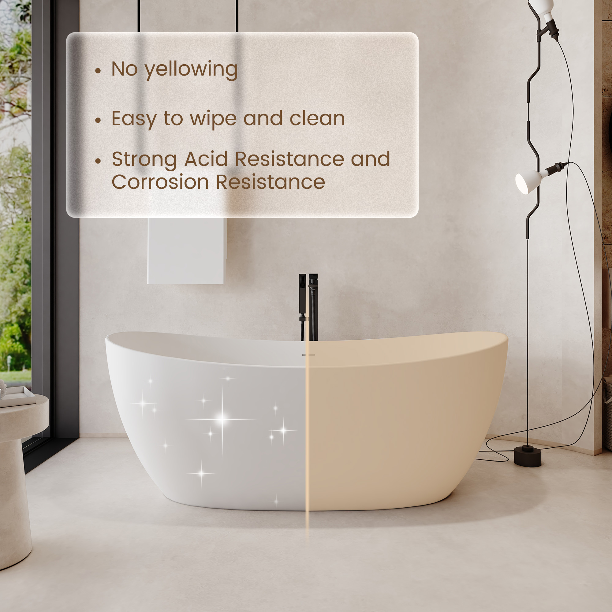 63" Freestanding Solid Surface Stone Bathtub with Symmetrical Moon Design