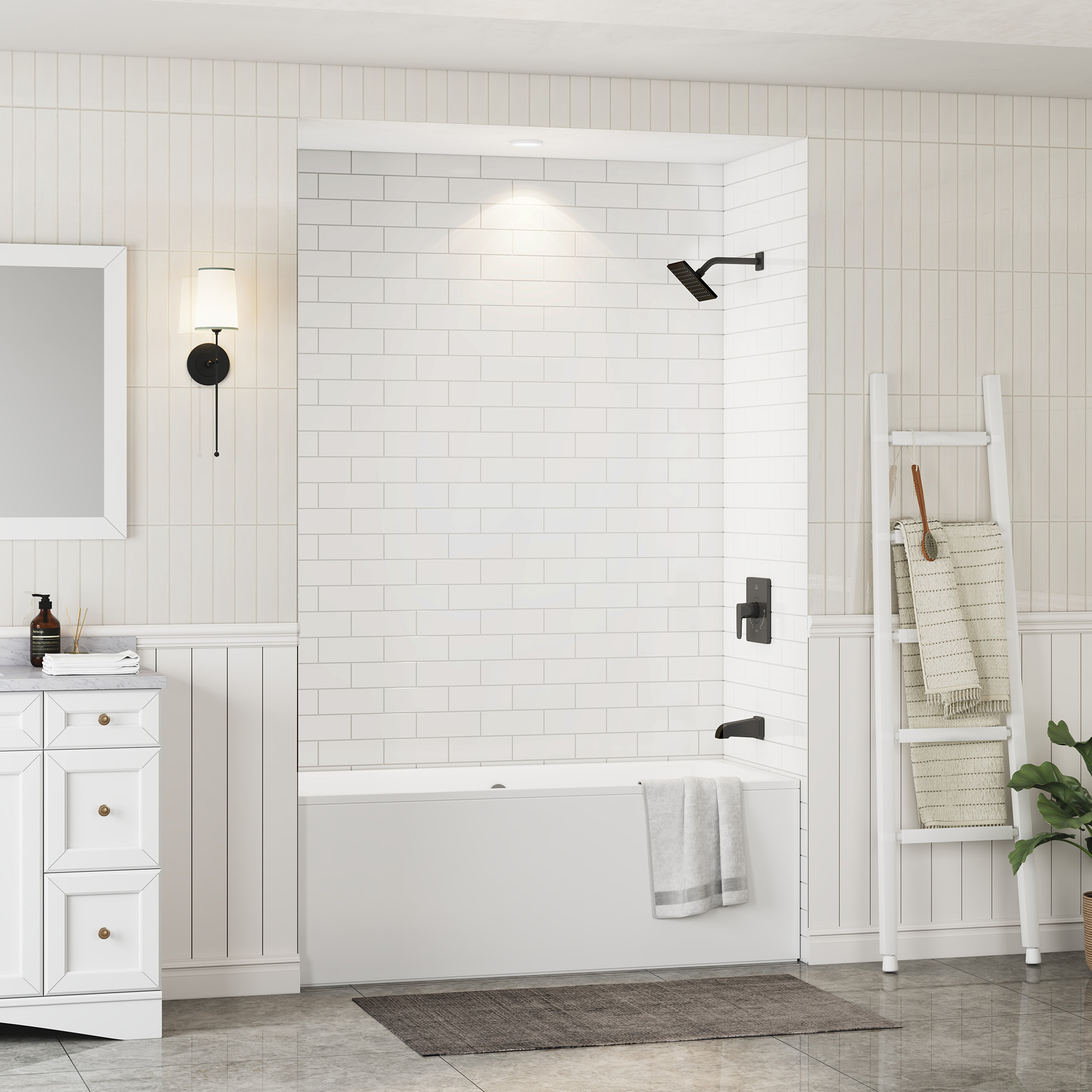 White Solid Surface 3-Piece Glue Up Alcove Shower Wall Surround