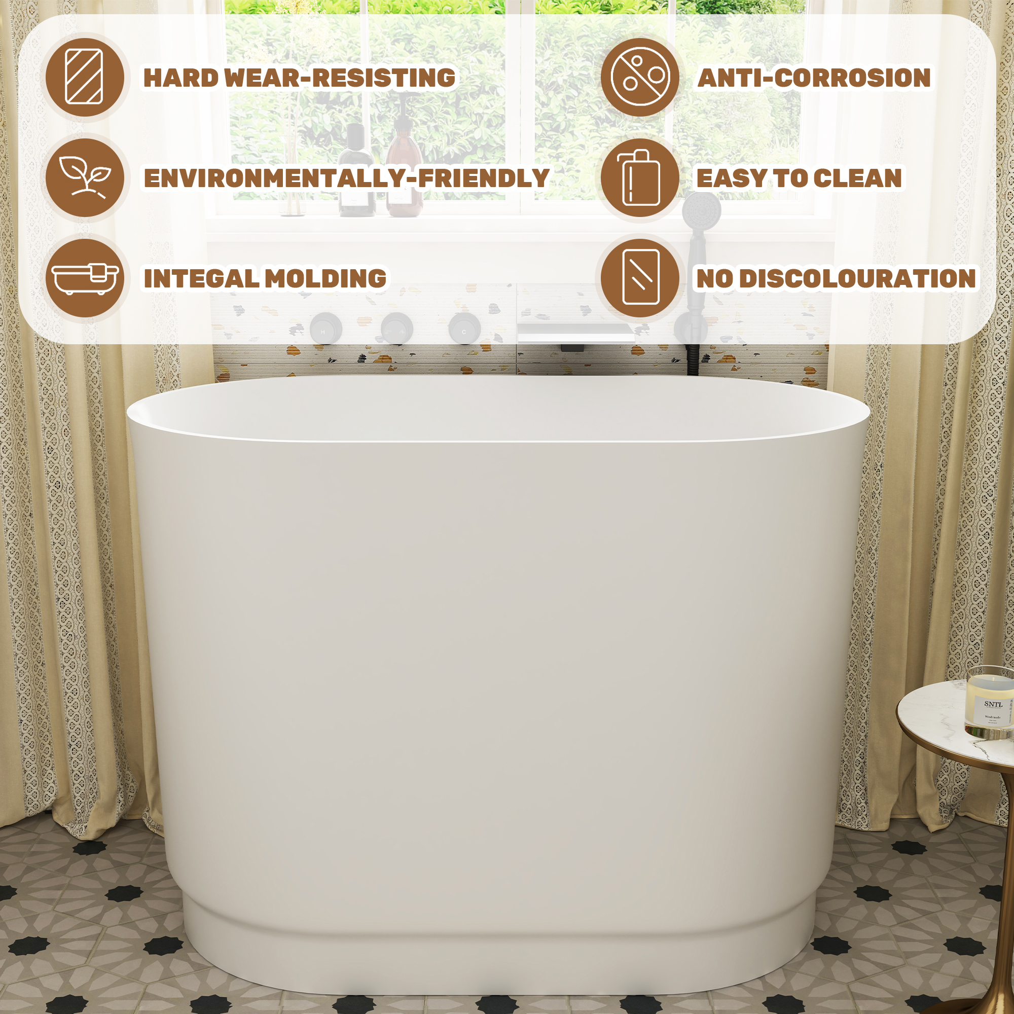 39" Small Freestanding Oval Solid Surface Soaking Bathtub with Built-In Seat - Tangent