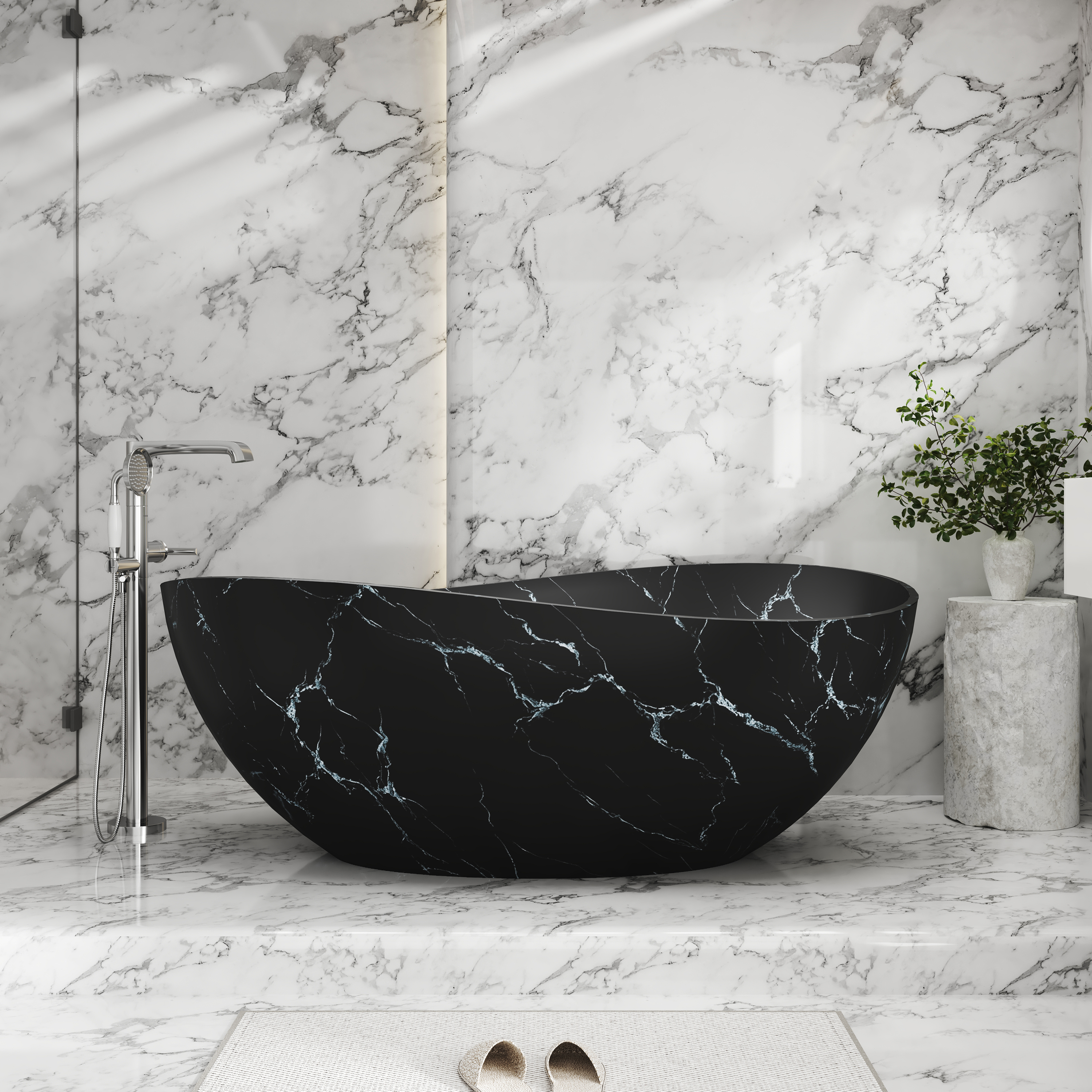 63" Artistic Marble Sculptural Solid Surface Freestanding Soaking Bathtub