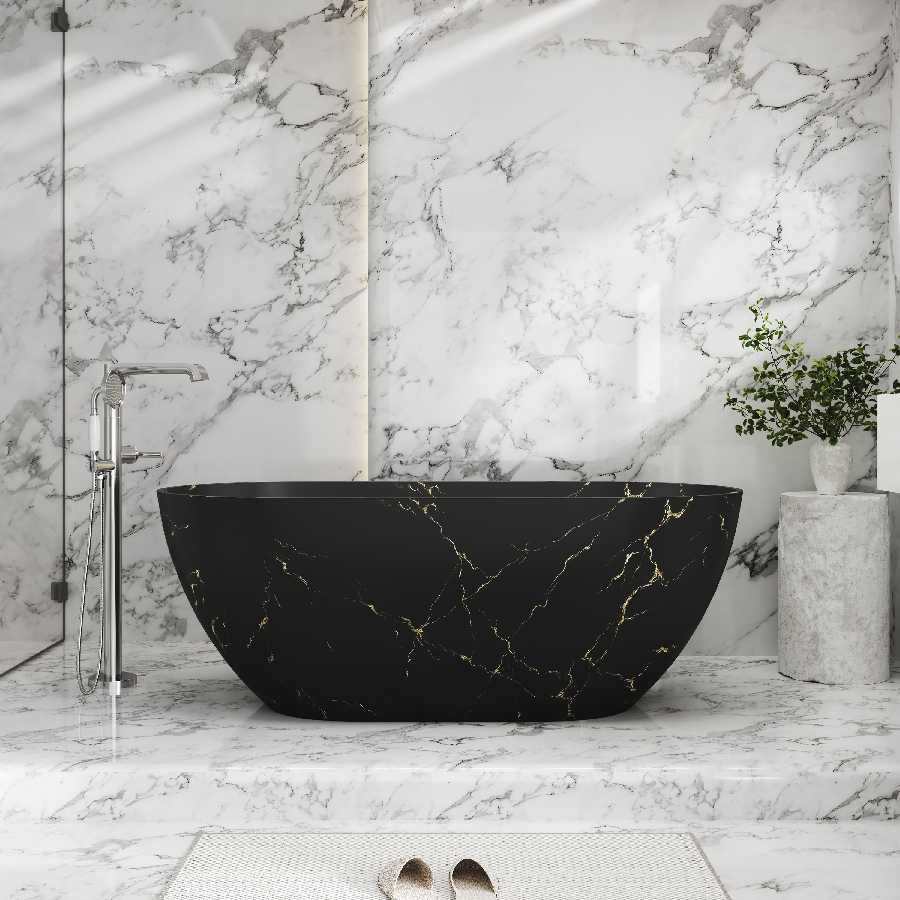59" Oval Solid Surface Freestanding Bathtub with Black & Gold Star River Pattern
