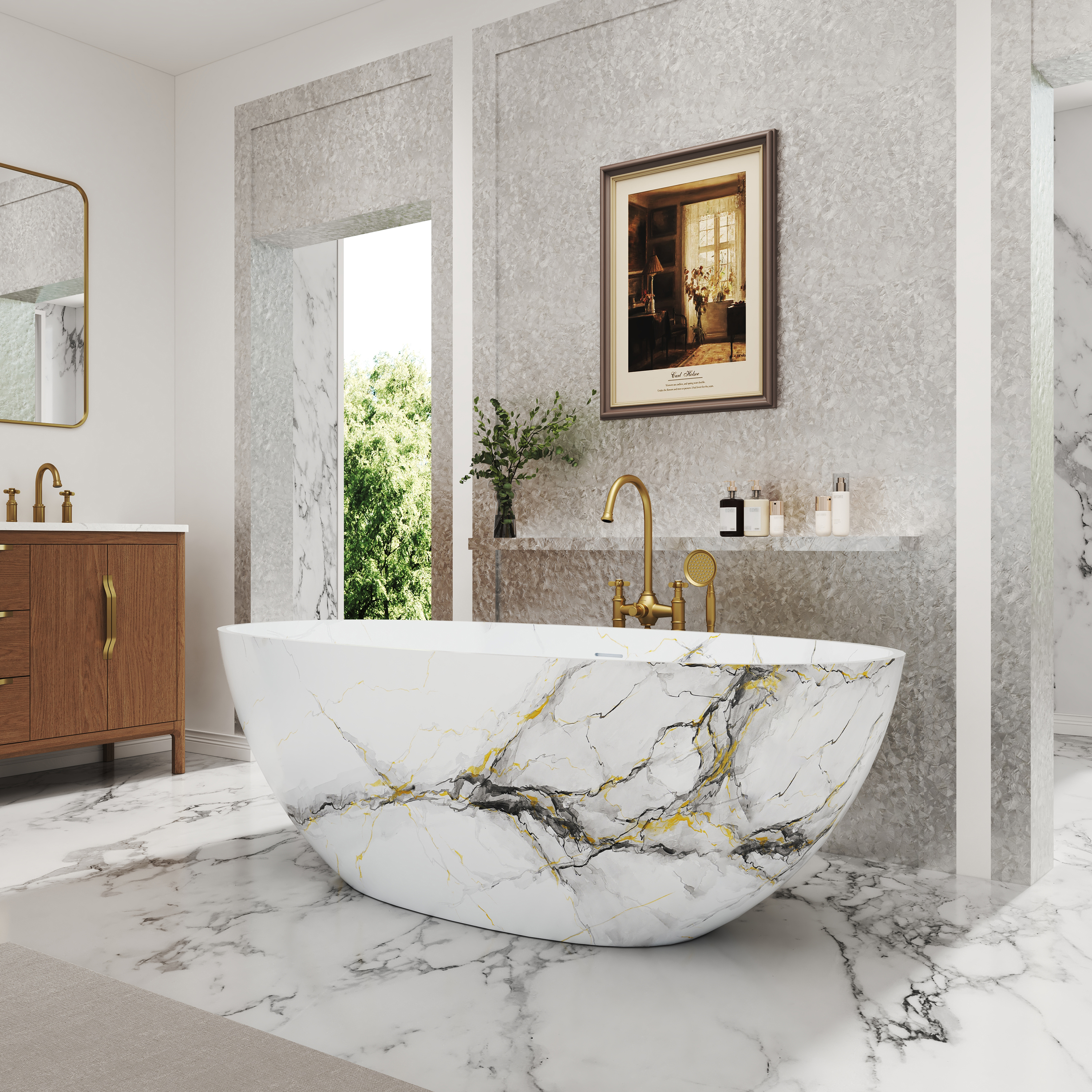 65" Freestanding Solid Surface Oval Bathtub in Marble Look Finish