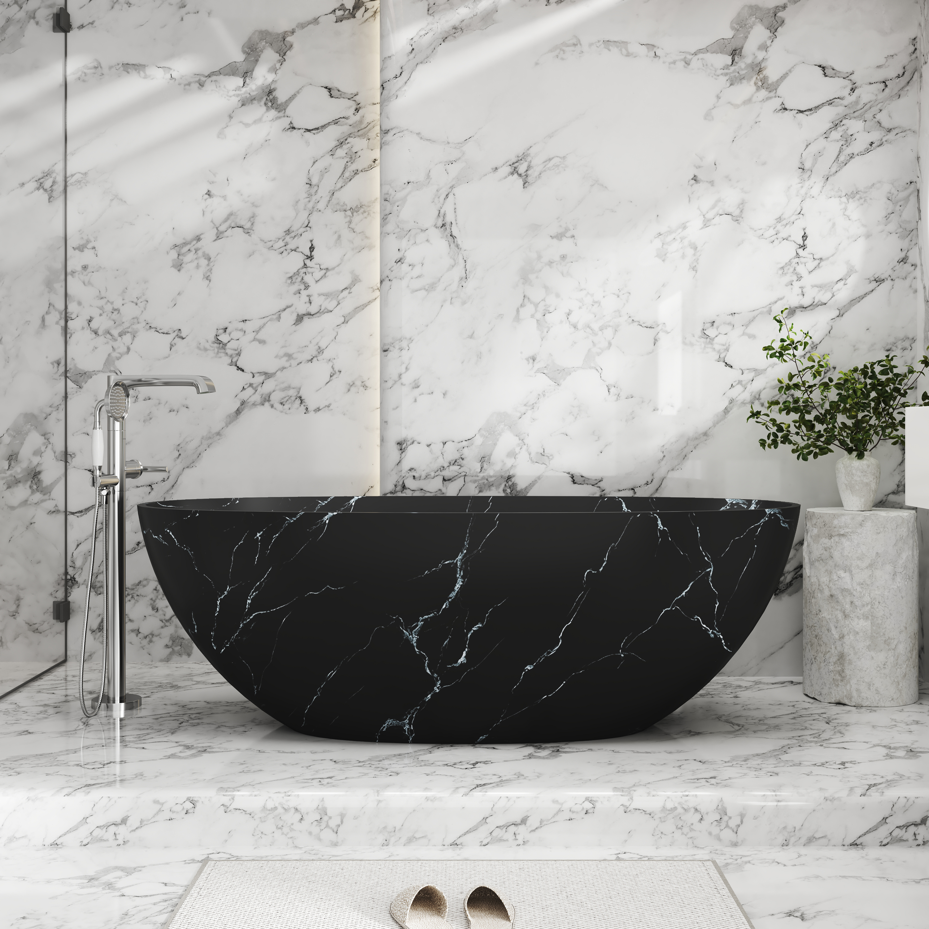 65" Freestanding Solid Surface Oval Bathtub in Marble Look Finish