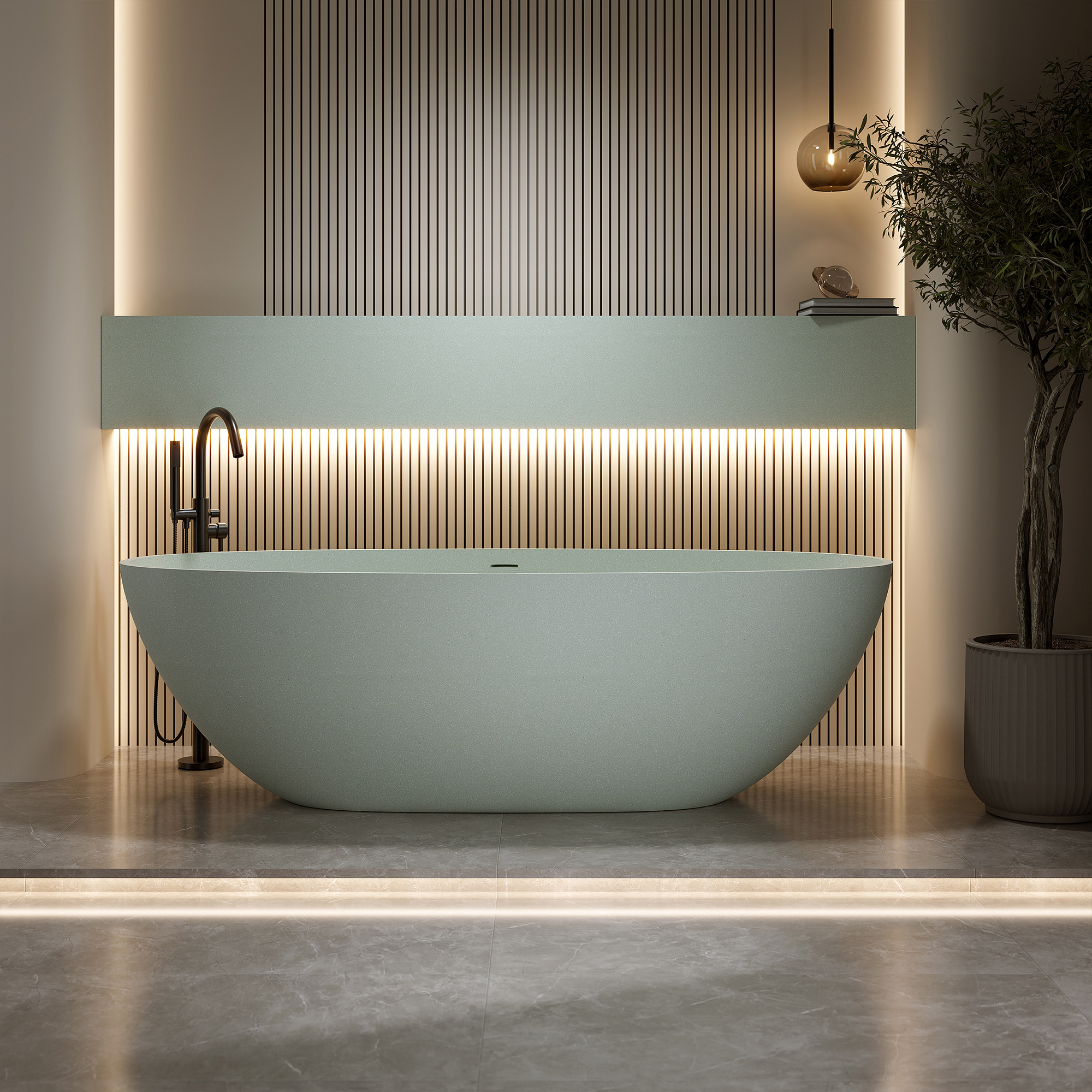 55" Freestanding Bathtub Resin Stone Soaking Bathtub Solid Surface Modern Tubs with Overflow and Pop-up Drain 