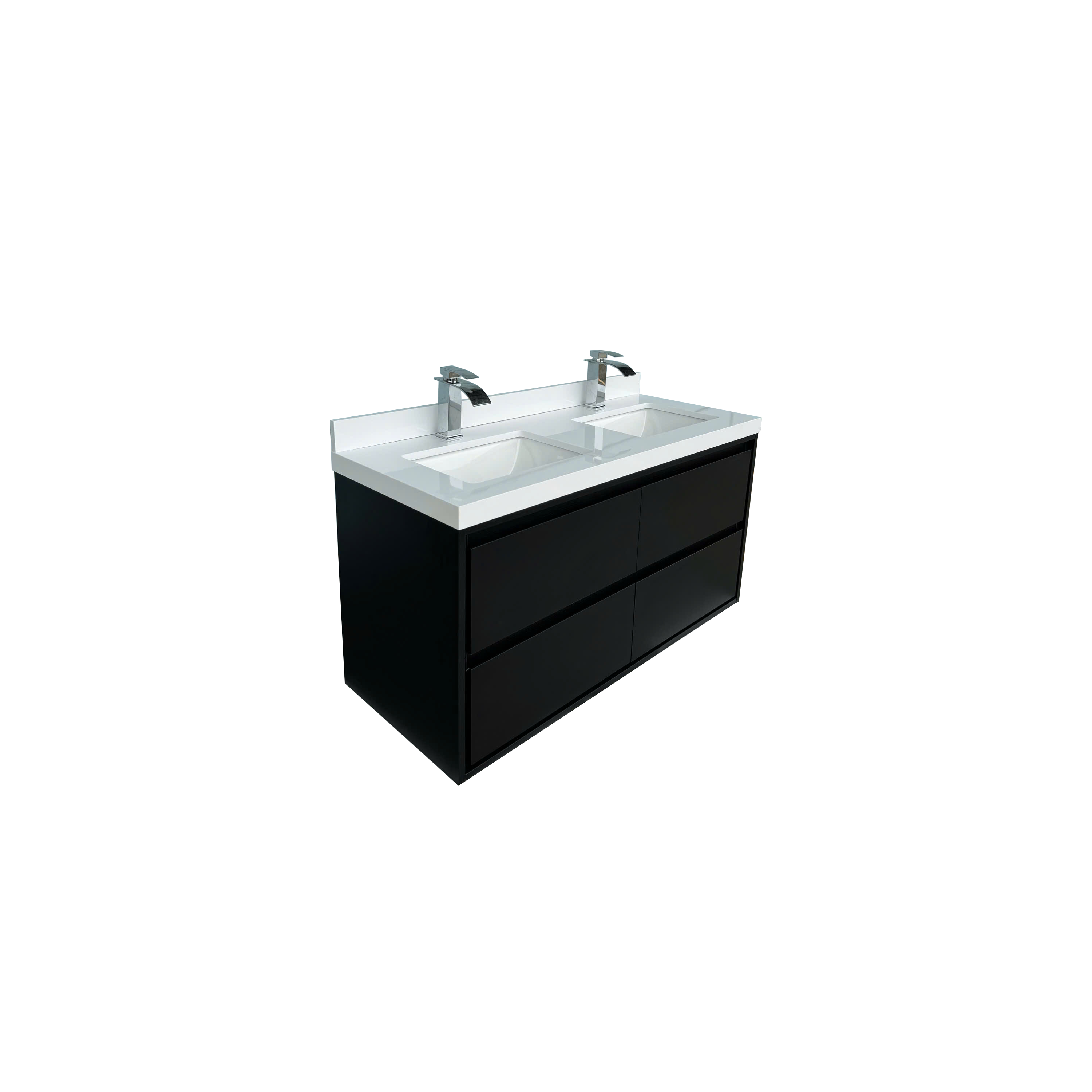 48" Matte Black Wall-mount Bathroom Vanity with Double Sink & Marble Top