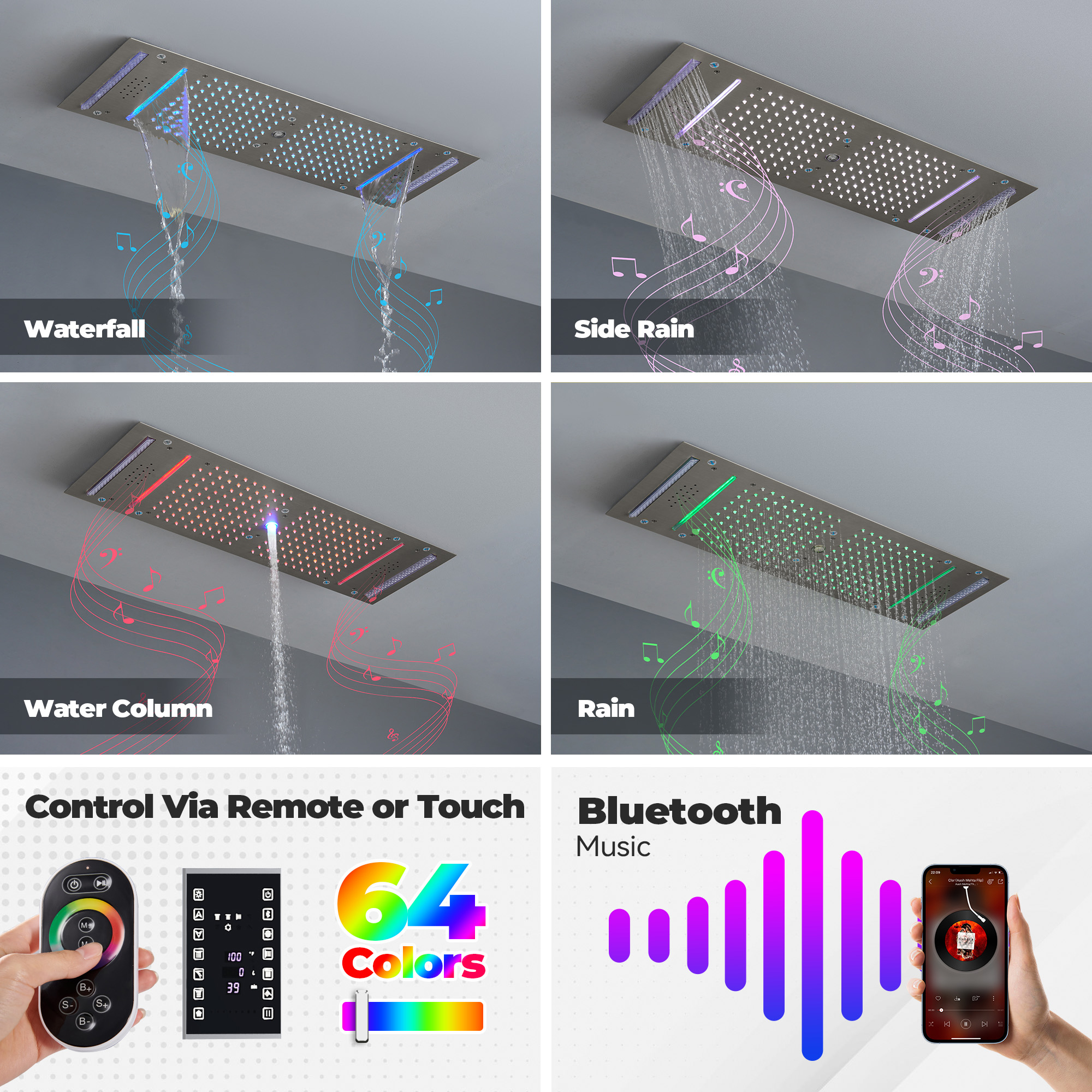 35" x 12" 6-Function Thermostatic Shower System with Digital Touch Screen & LED Lights