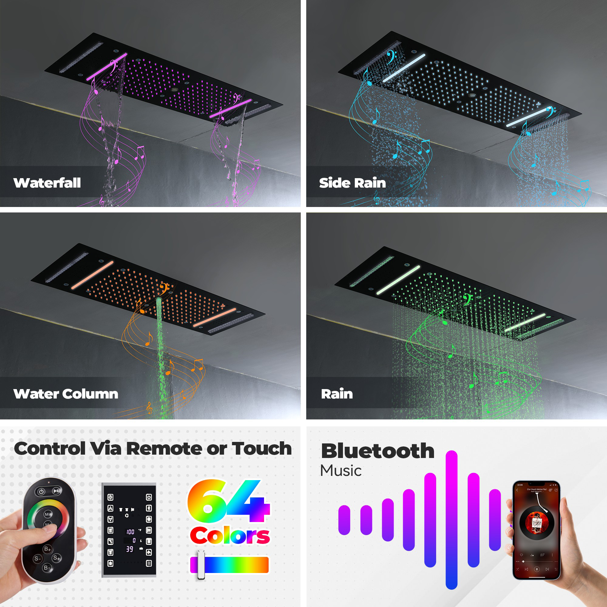 35" x 12" 6-Function Thermostatic Shower System with Digital Touch Screen & LED Lights
