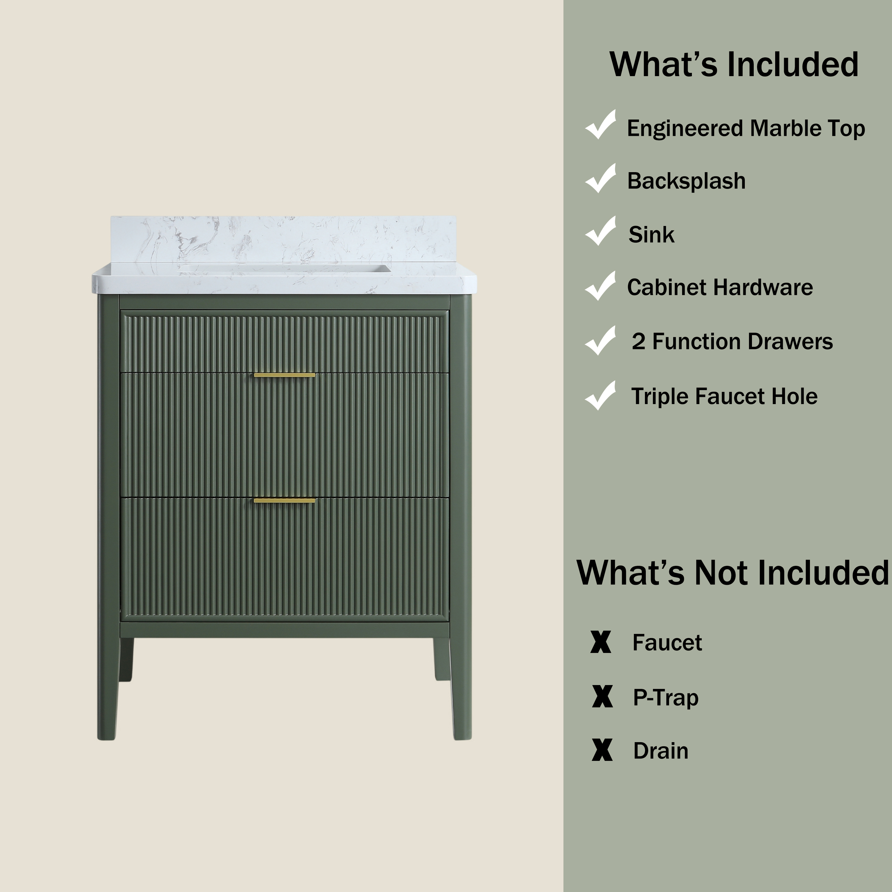 30"/36"/48" Freestanding Single Sink Bathroom Vanity with Solid Wood Construction & Marble Top